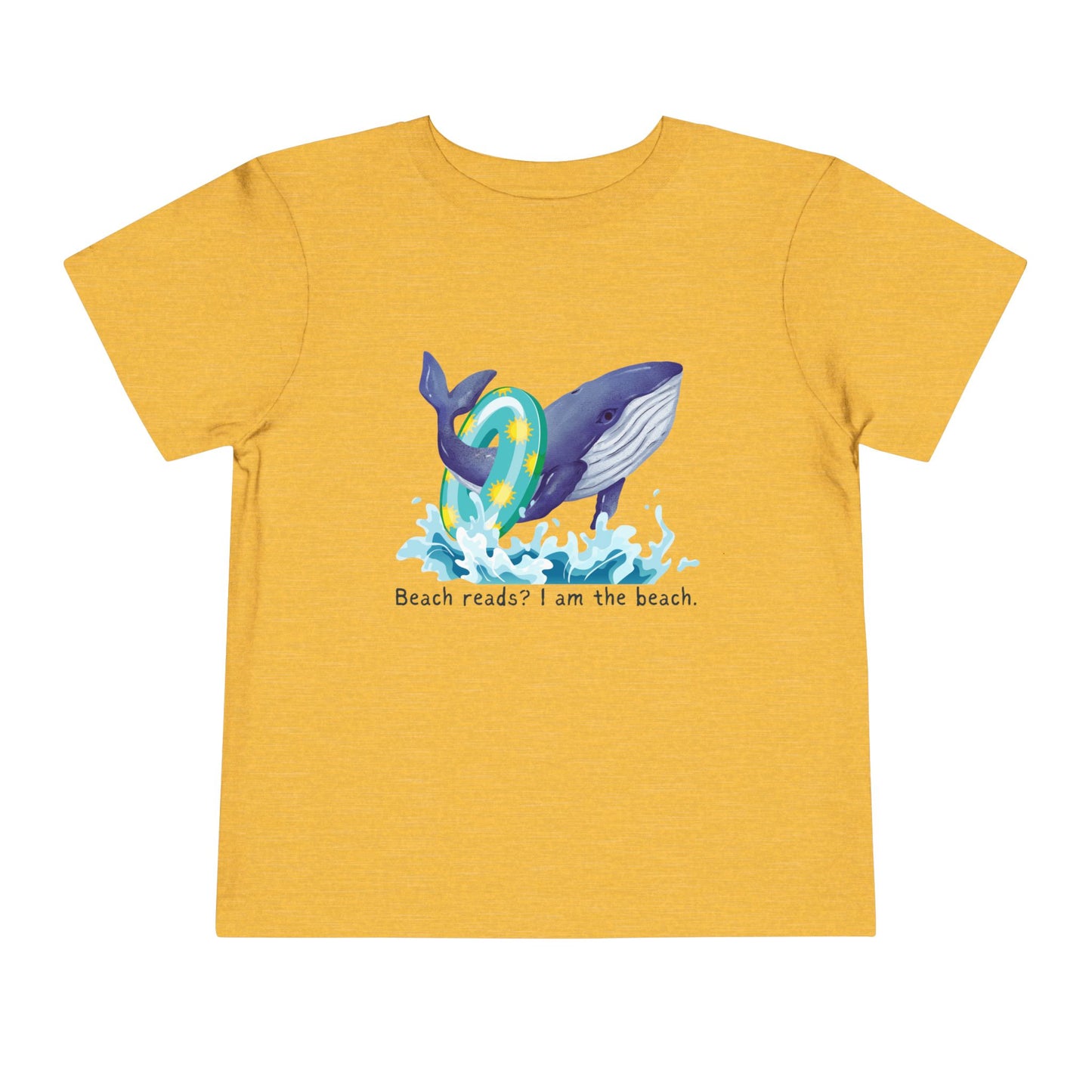 Yellow toddler t-shirt with a whale graphic jumping out of the water with a pool floatie and text 'Beach reads? I am the beach.' 