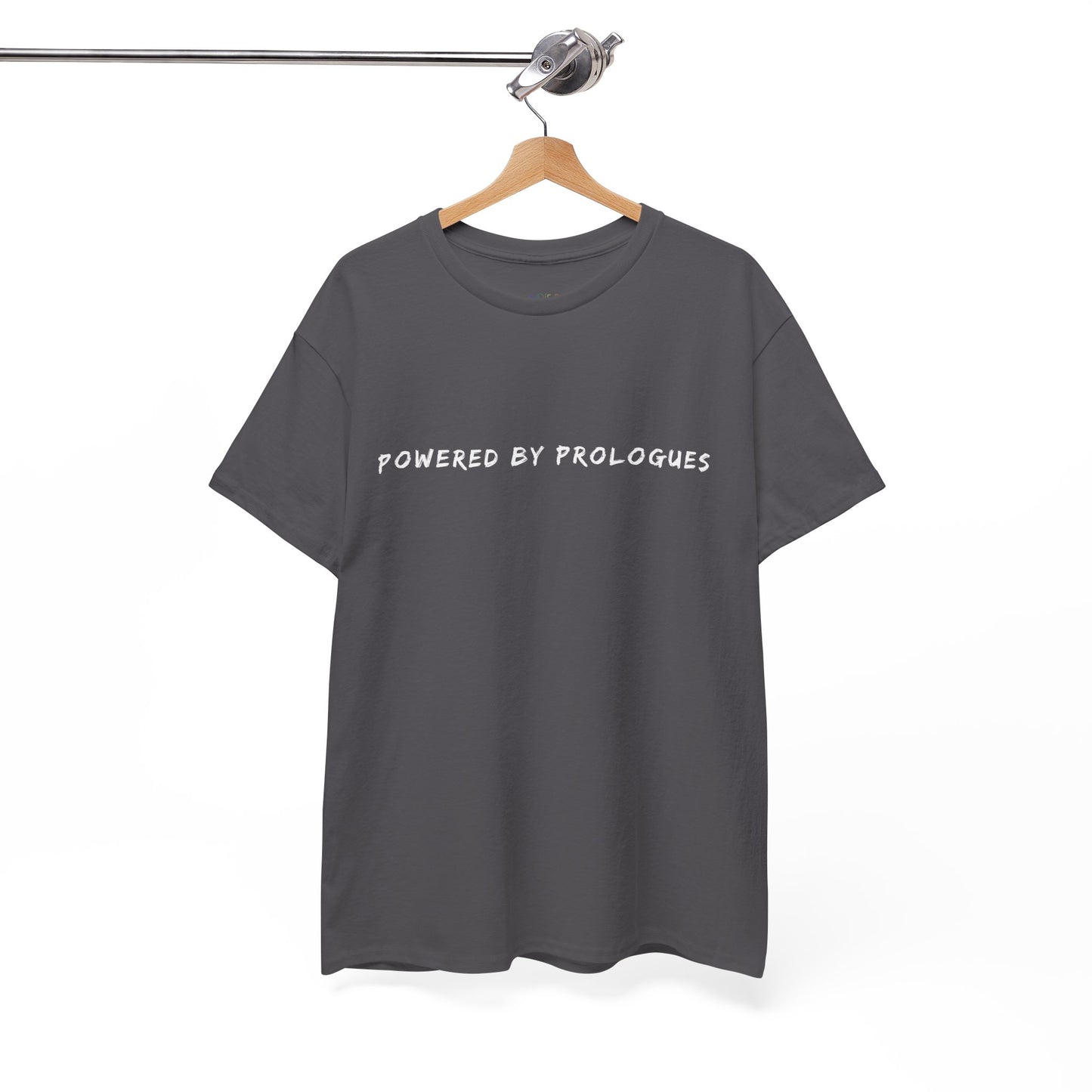 Gray t-shirt with 'POWERED BY PROLOGUES' text 