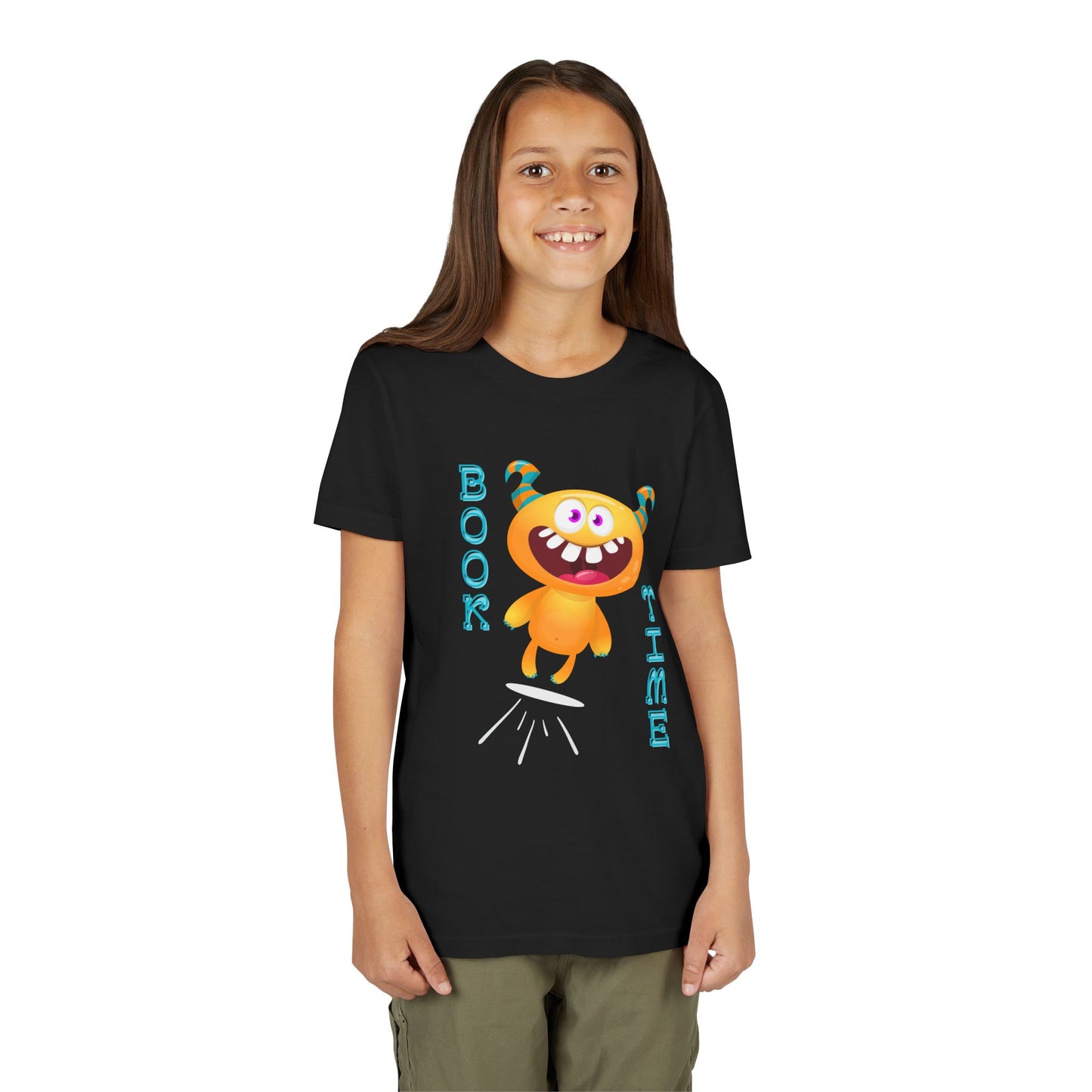 Girl wearing a black t-shirt with a jumping monster and text 'Book Time'