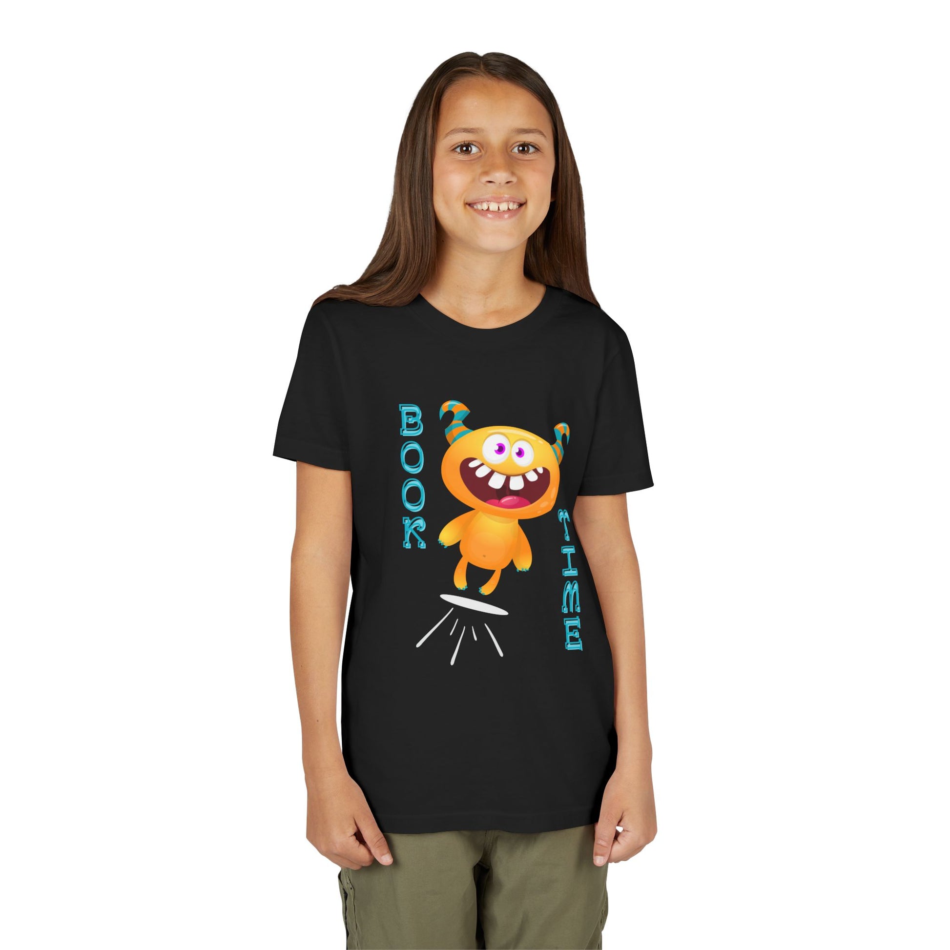 Girl wearing a black t-shirt with a jumping monster and text 'Book Time'