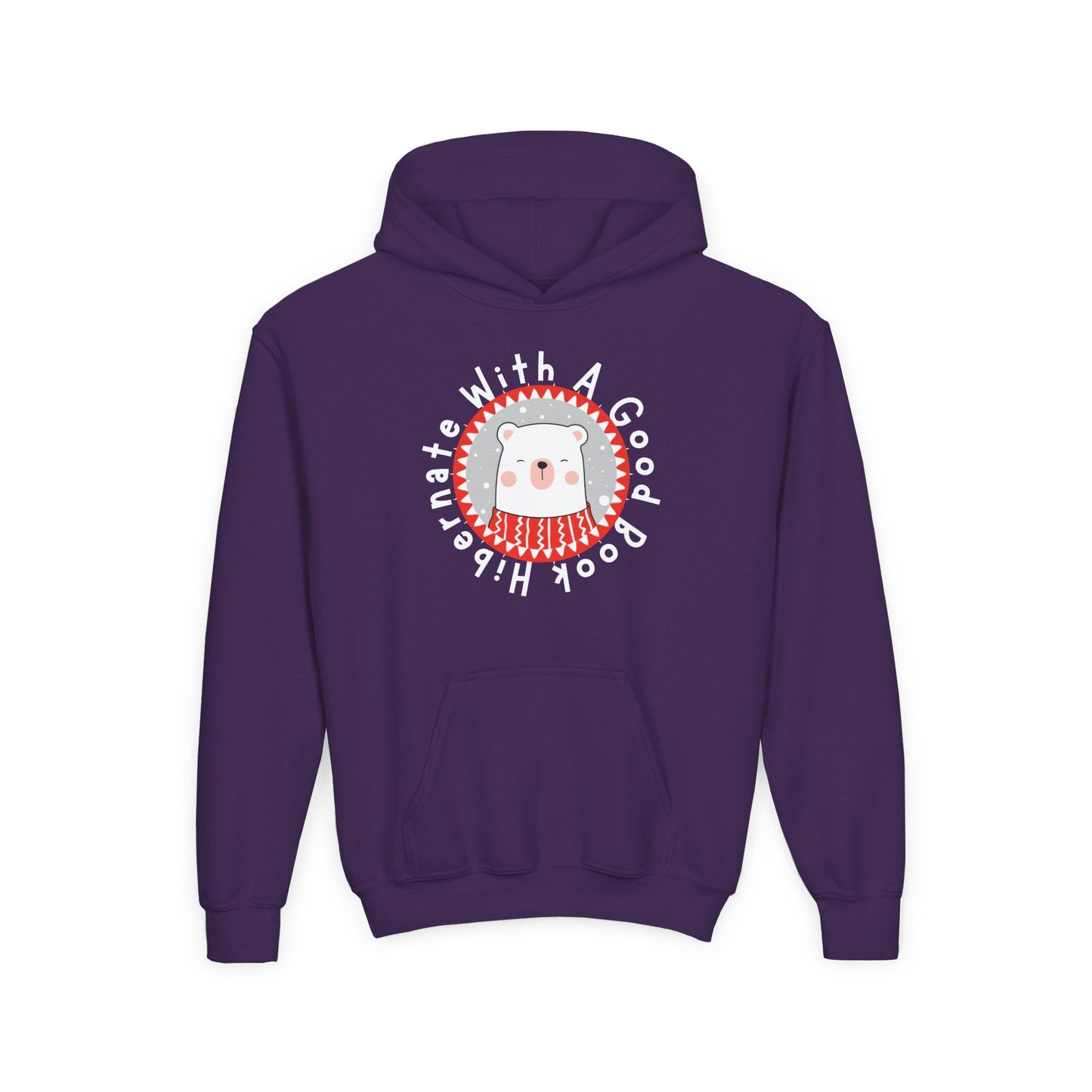 Youth Hibernate With a Good Book Hoodie â€“ Cozy Winter Bear Design Printify