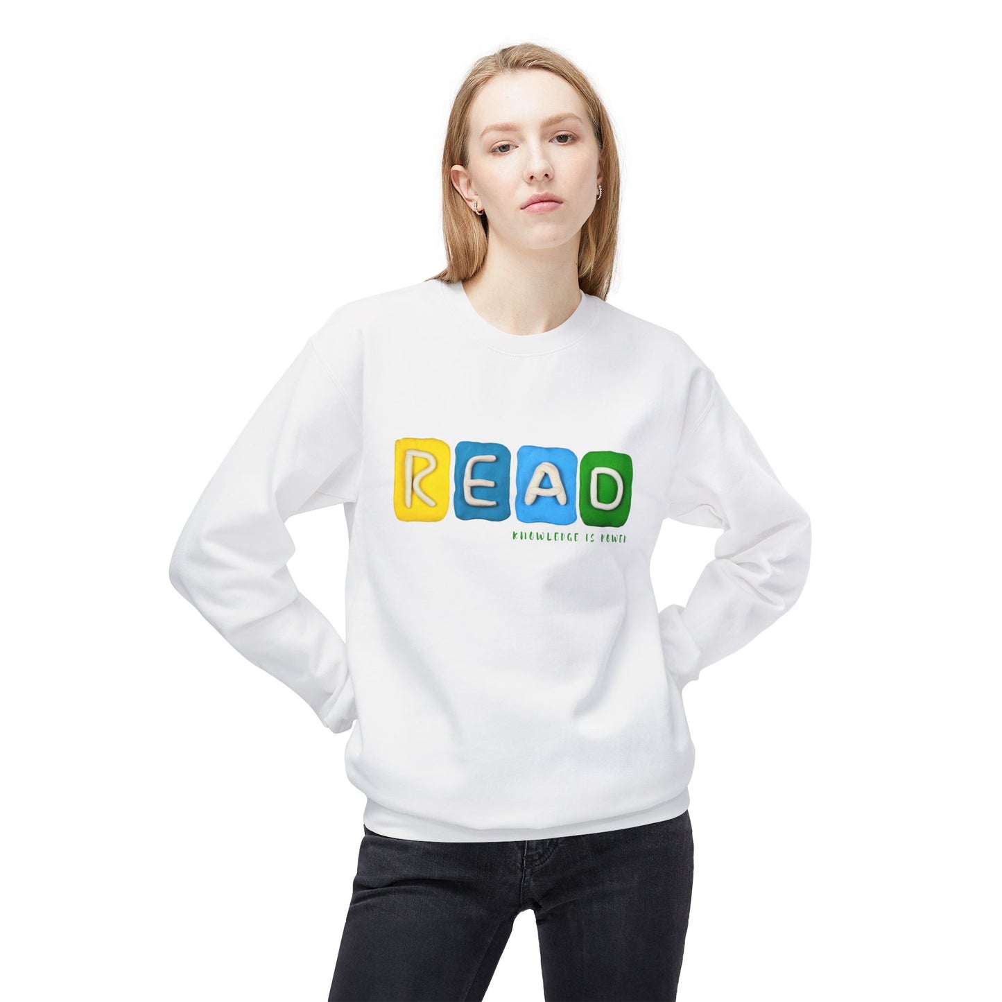 Teen/Adult Unisex READ Knowledge Is Power Sweatshirt, Colorful Literacy-Inspired Design