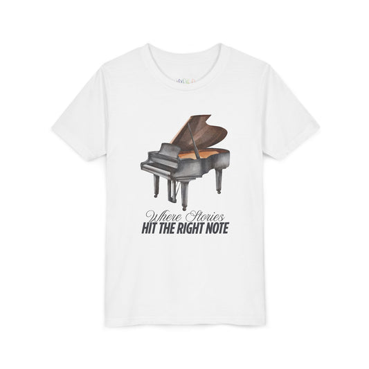 Youth Where Stories Hit the Right Note Tee – Piano Shirt for Kids Who Love Music and Meaning