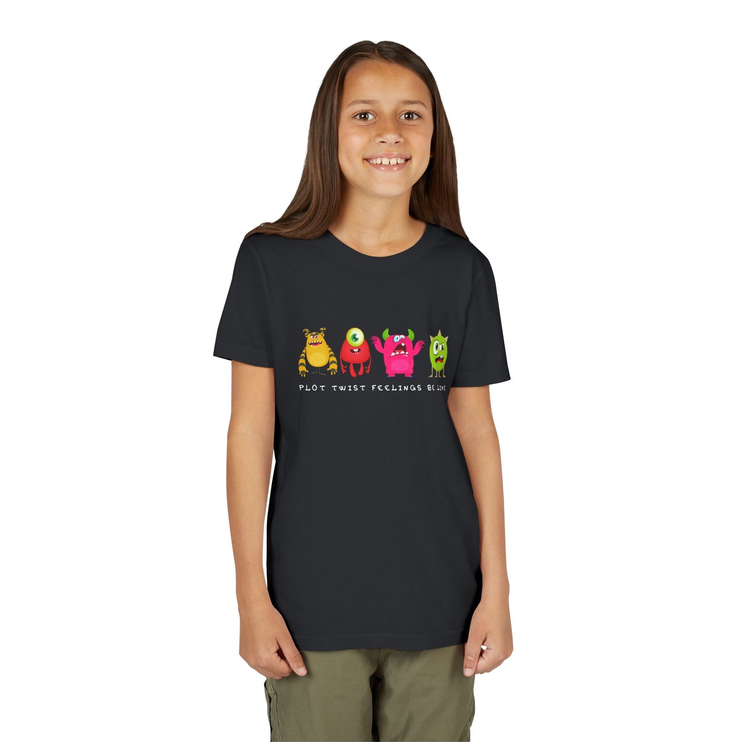 Girl wearing a black t-shirt with a row of frustrated and colorful cartoon monsters, text 'Plot Twists Feelings Be Like'