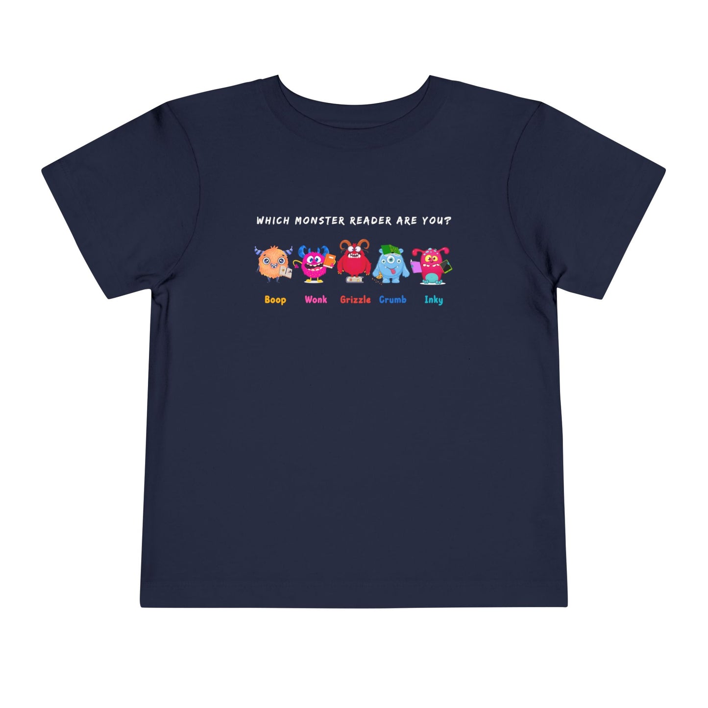 Navy toddler personality t-shirt with colorful monsters lined up in a row and text 'Which Monster Reader Are You?' Monster names 'Boop, Wonk, Grizzle, Crump, Inky' on white background