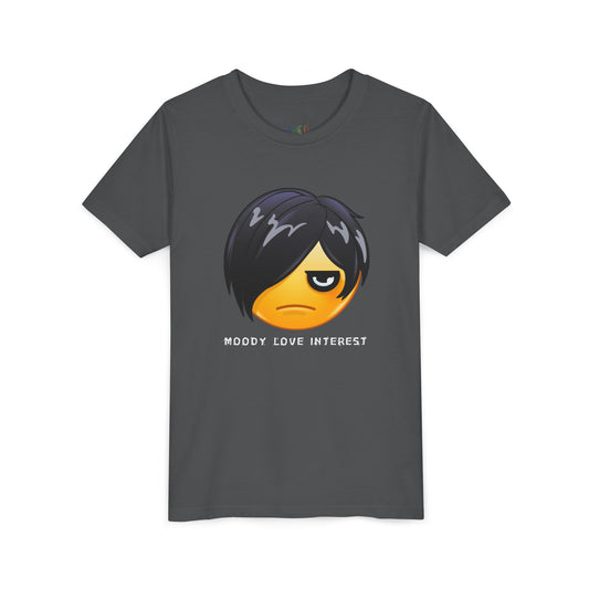 Dark gray t-shirt with a moody emoji and text 'moody love interest'