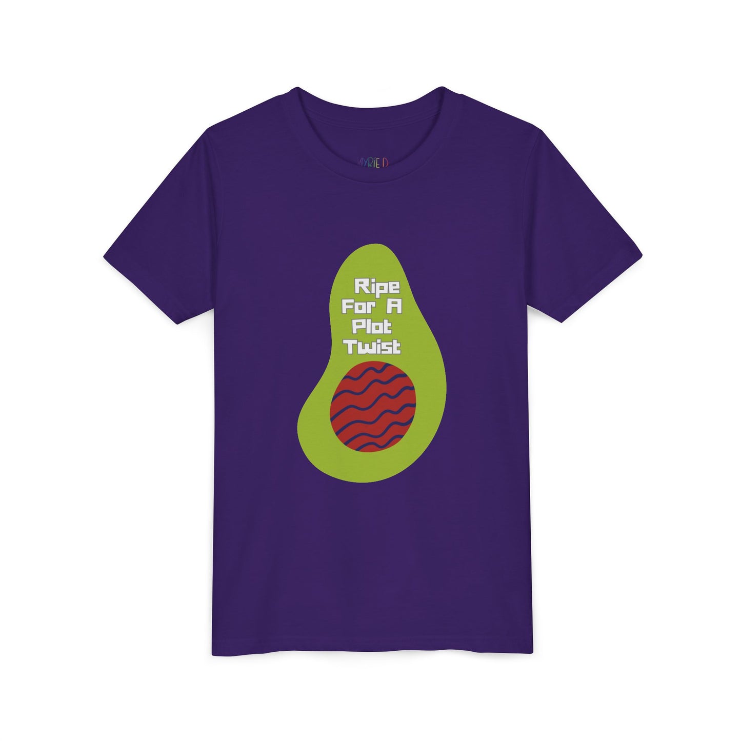 Purple t-shirt with avocado graphic and text 'ripe for a plot twist'