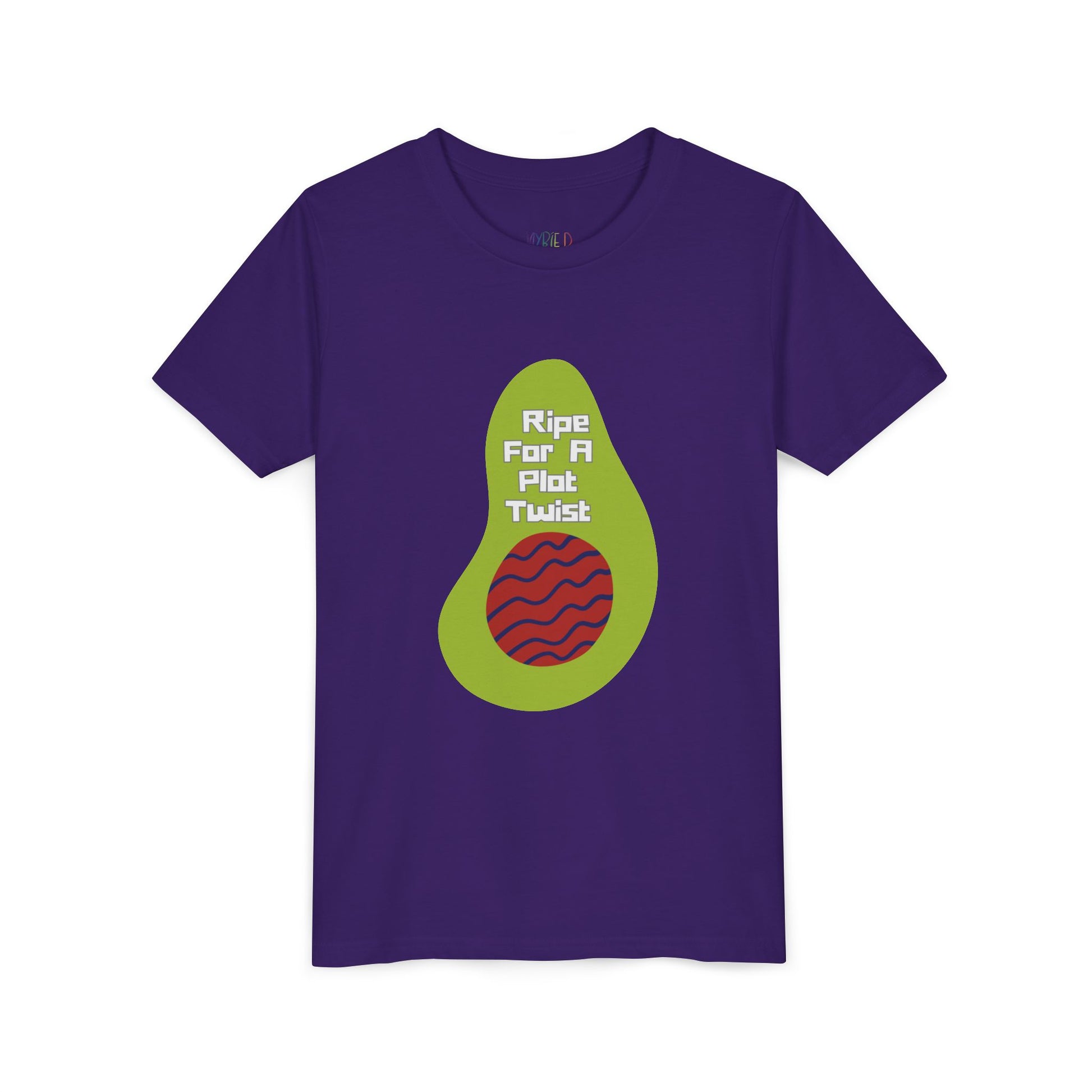 Purple t-shirt with avocado graphic and text 'ripe for a plot twist'