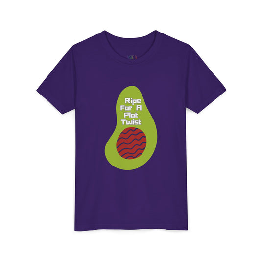 Purple t-shirt with avocado graphic and text 'ripe for a plot twist'