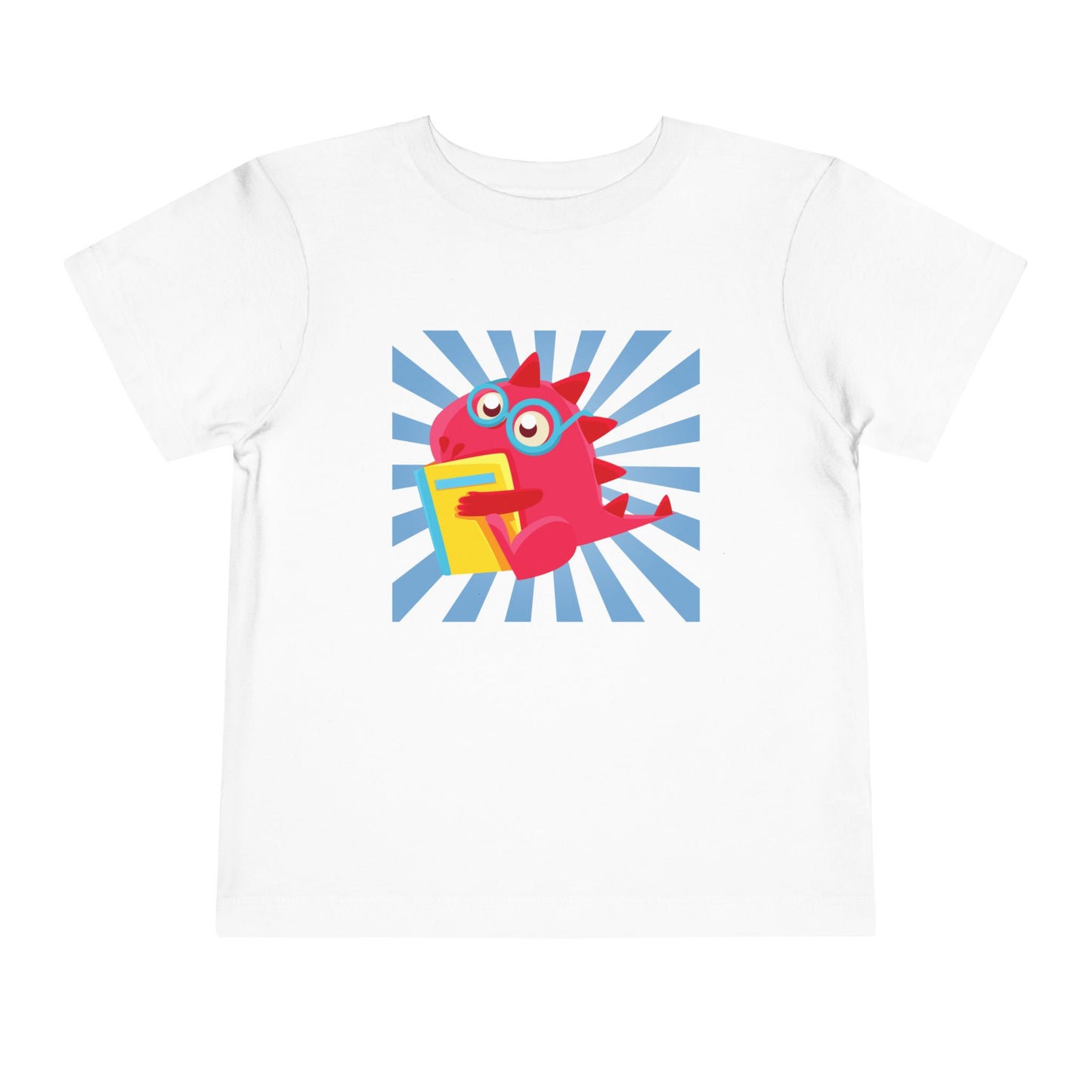 White t-shirt with a colorful cartoon dragon hugging a book and a blue energy burst background 