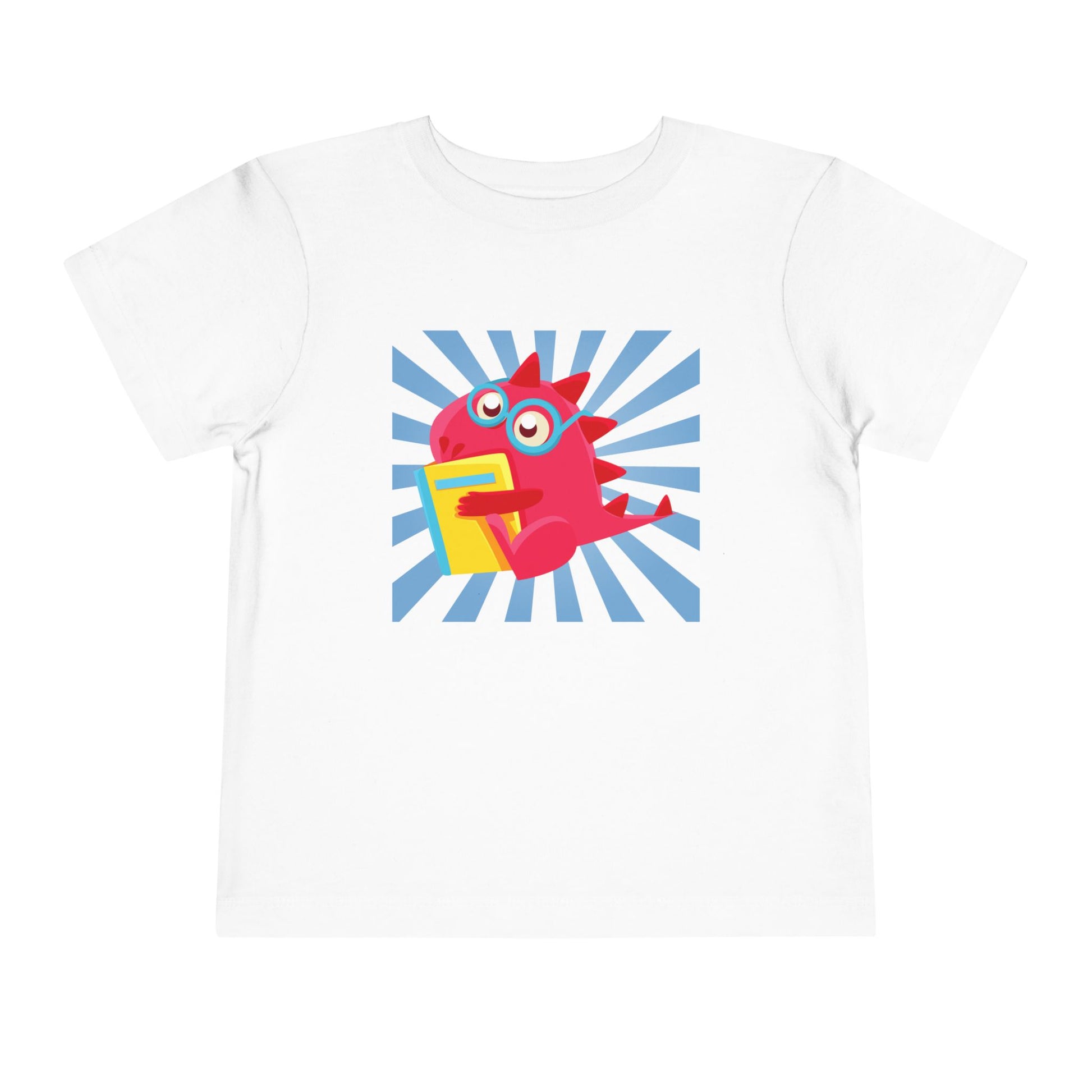 White t-shirt with a colorful cartoon dragon hugging a book and a blue energy burst background 