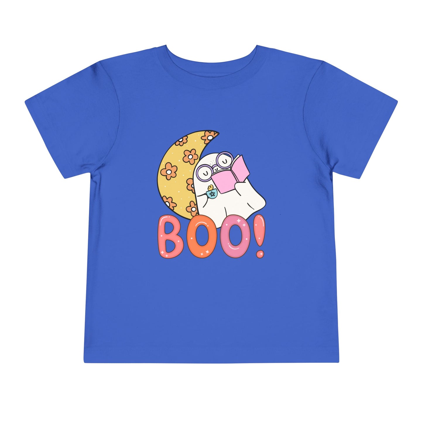 Blue t-shirt with a Halloween-themed design featuring a ghost, moon, and 'BOO!' text 