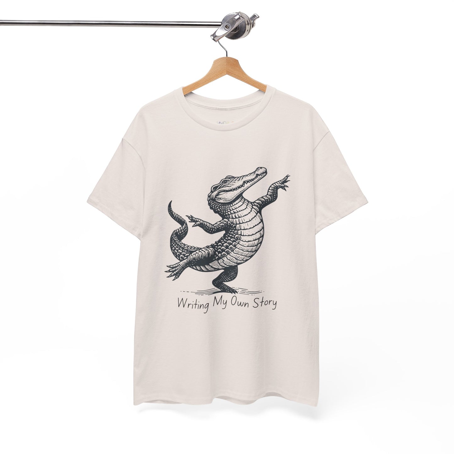 Ice grey t-shirt with dancing alligator graphic and text 'Writing My Own Story' 