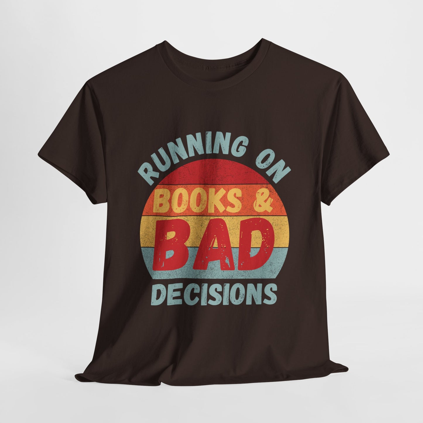 Teen/Adult Unisex Running on Books & Bad Decisions Tee – Funny Retro Reader Shirt for Book Addicts (Curve Edition)