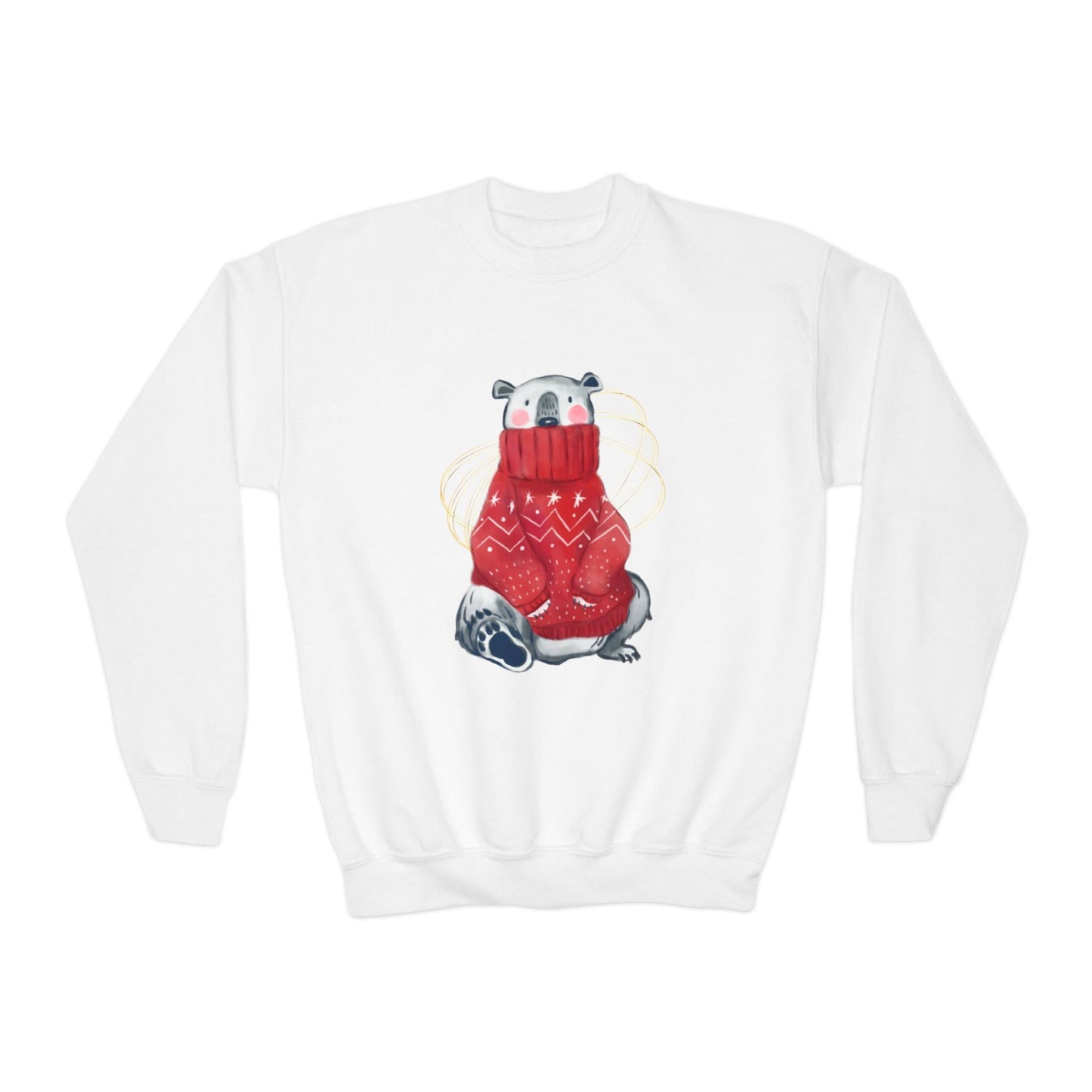 Youth Cozy Sweater Wearing Polar Bear Sweatshirt â€“ Winter Holiday Design Printify