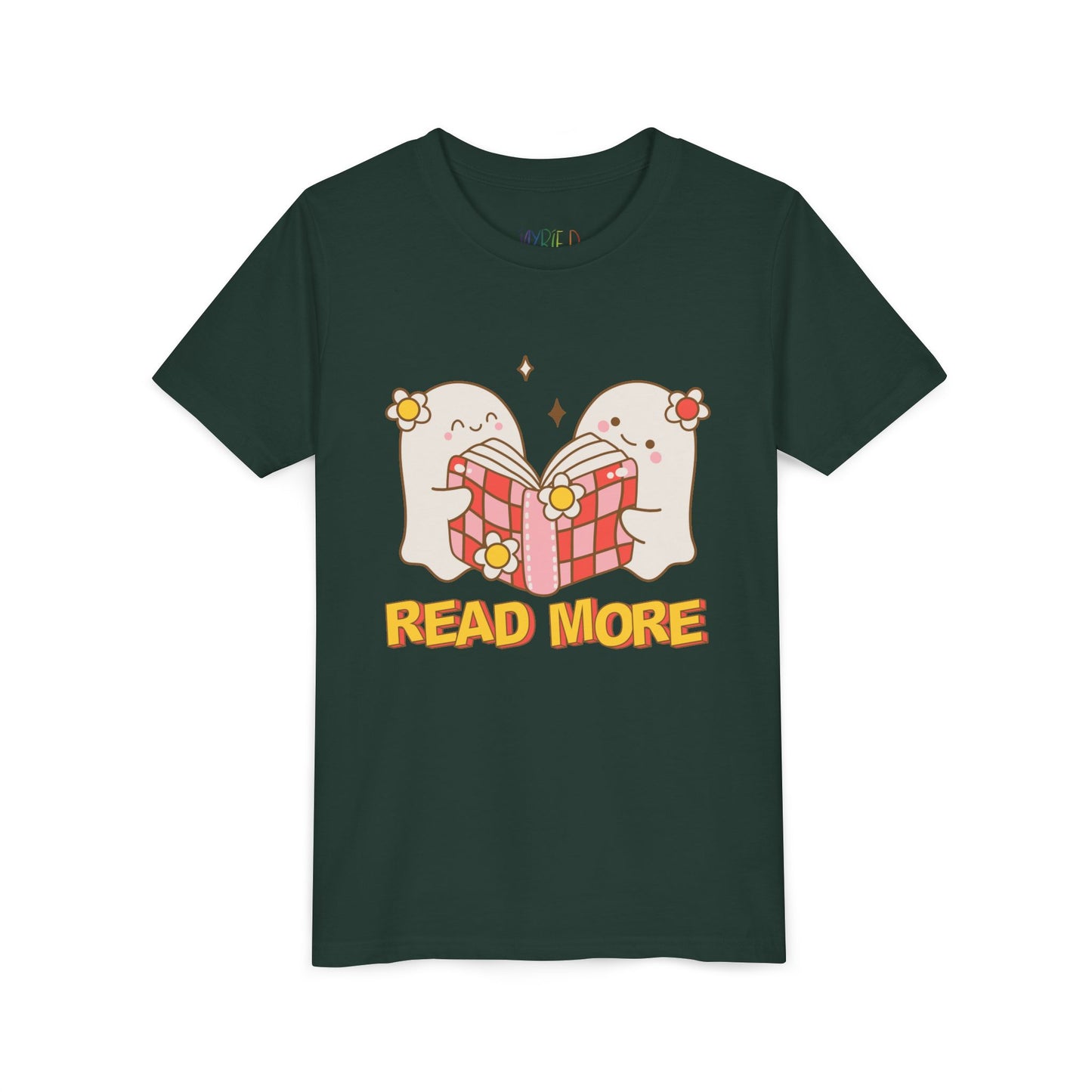 Dark green t-shirt with cartoon ghosts reading a shared book and 'Read More' text 