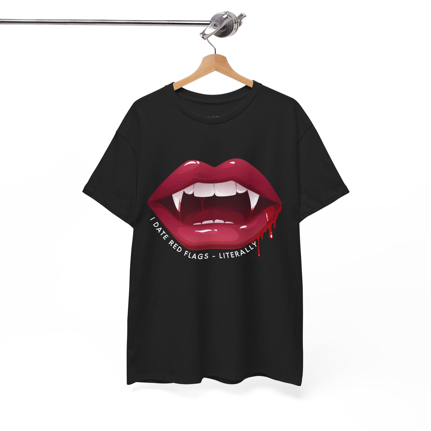Black t-shirt with graphic of red vampire teeth with blook dripping from the lips and text 'I Date Red Flags - Literally' 