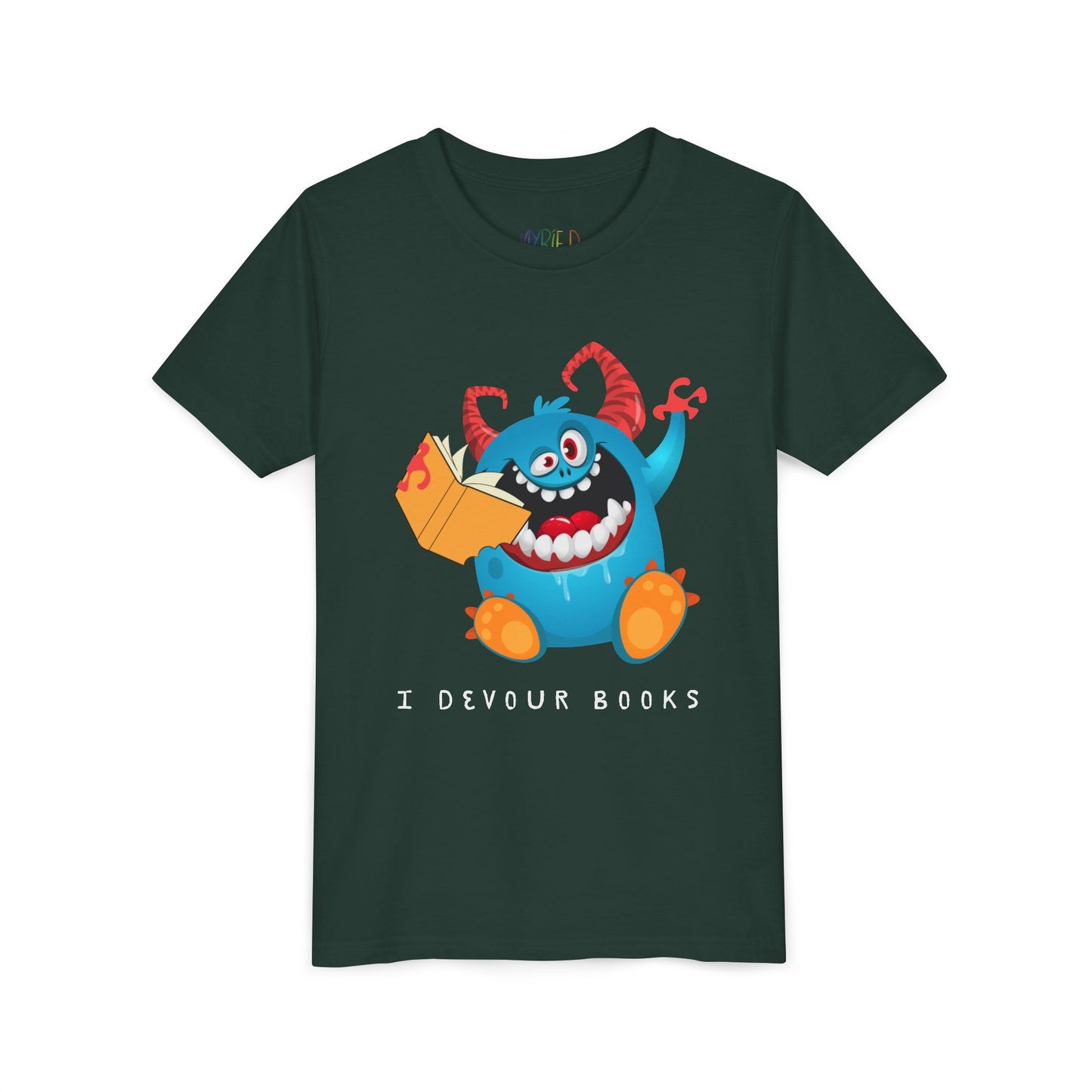 Dark green t-shirt with a wide mouthed, book chomping cartoon monster and text 'I DEVOUR BOOKS' 