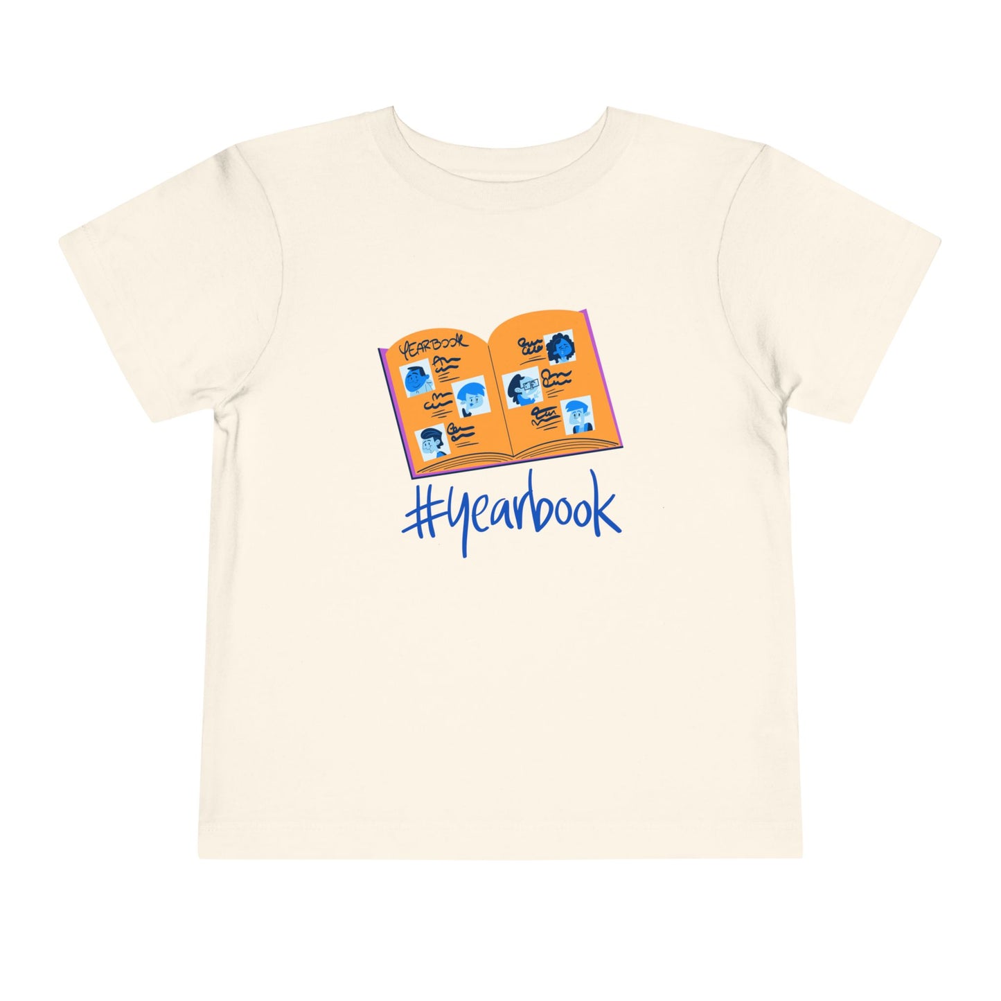 Beige t-shirt with an open yearbook and '#yearbook' text