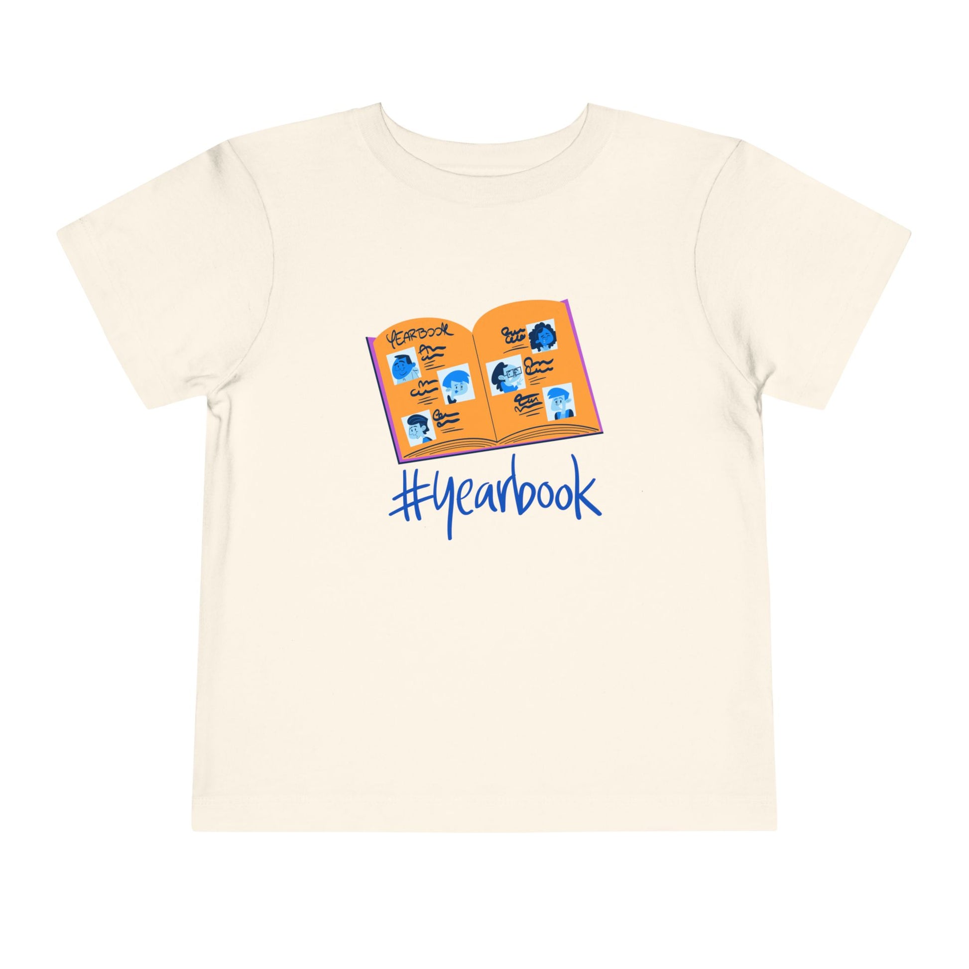 Beige t-shirt with an open yearbook and '#yearbook' text
