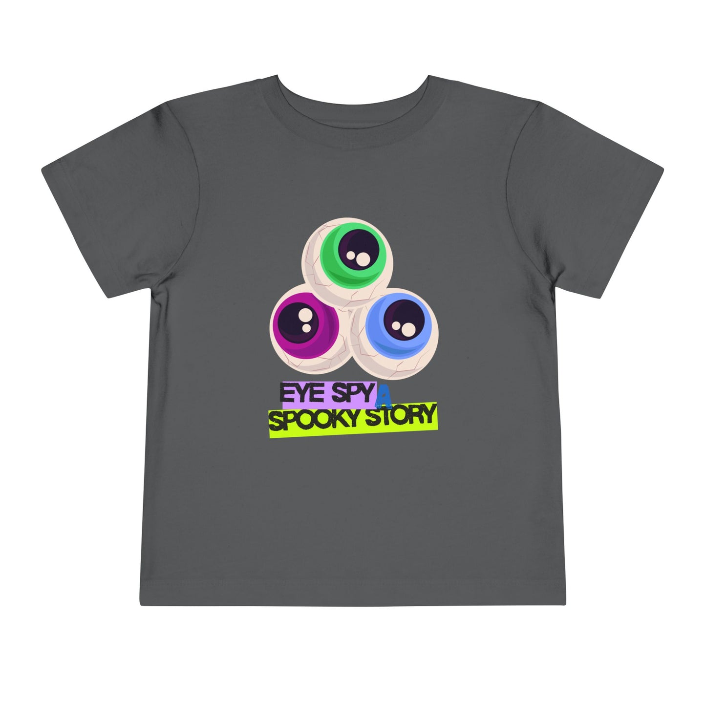 Gray toddler t-shirt with colorful eyeballs and text "Eye Spy A Spooky Story' on a white background
