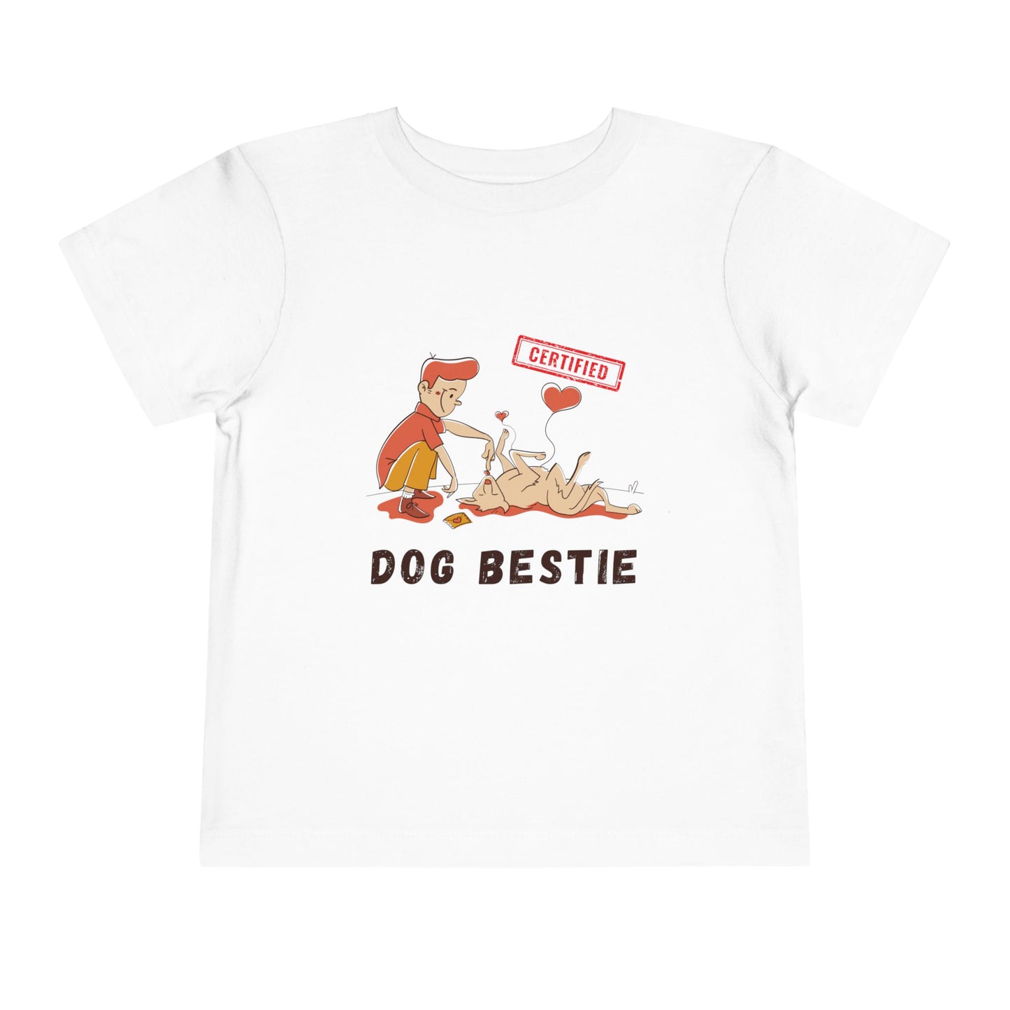 White toddler t-shirt with cartoon graphic and a boy and his dog with 'Dog Bestie' text 