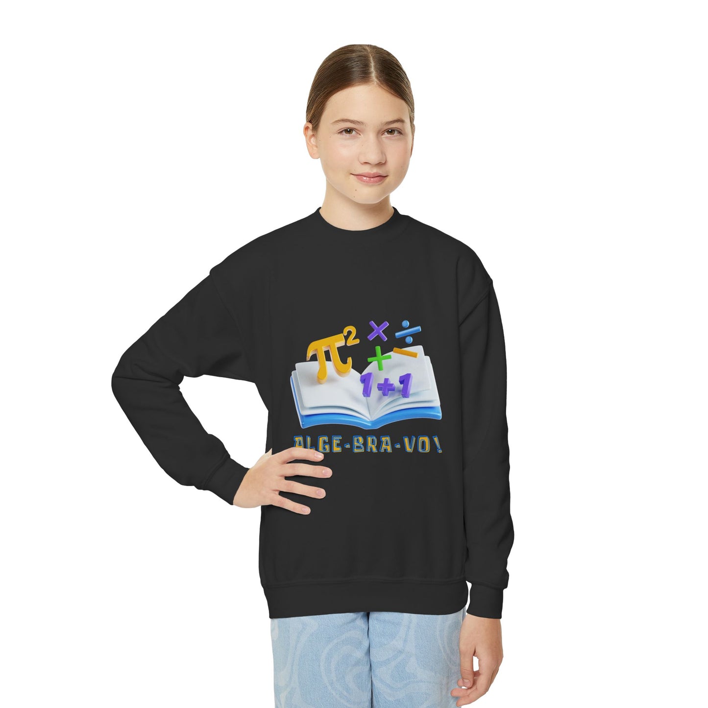 Girl wearing a black sweatshirt with mathematical book design and 'ALGEBRA-VO!' text 