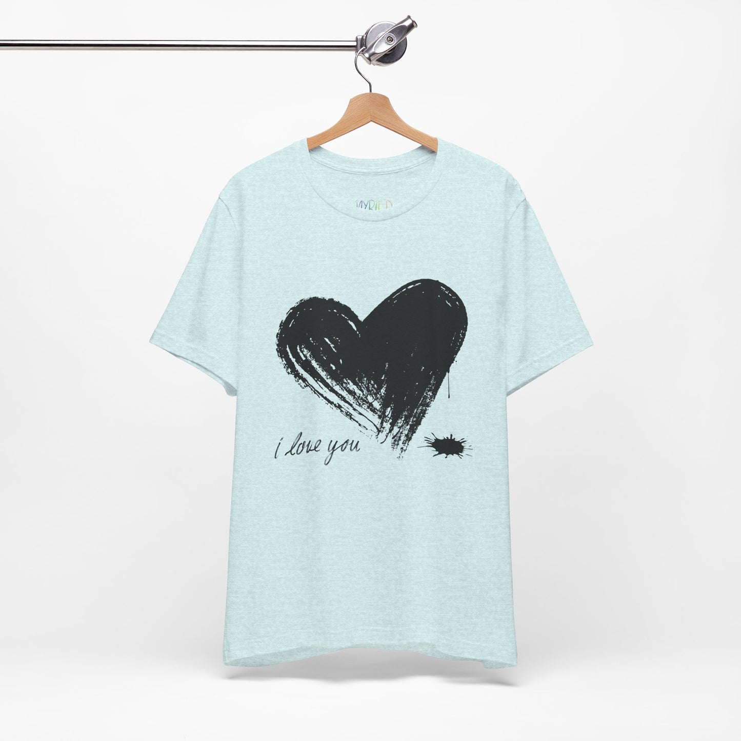 Icy blue t-shirt with a black sketched heart dripping ink and text 'I Love You' 