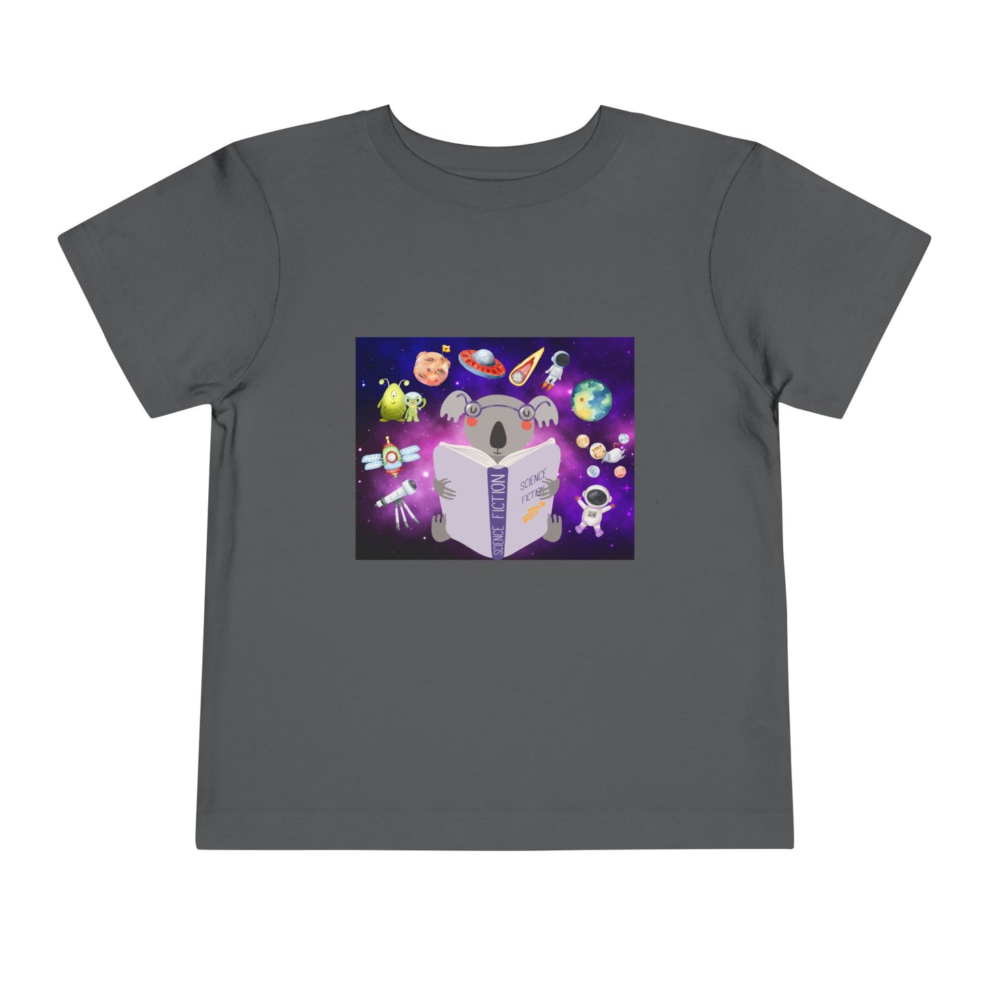 Gray toddler t-shirt with a colorful graphic of a koala reading a book, with all sorts of space ideas floating around 