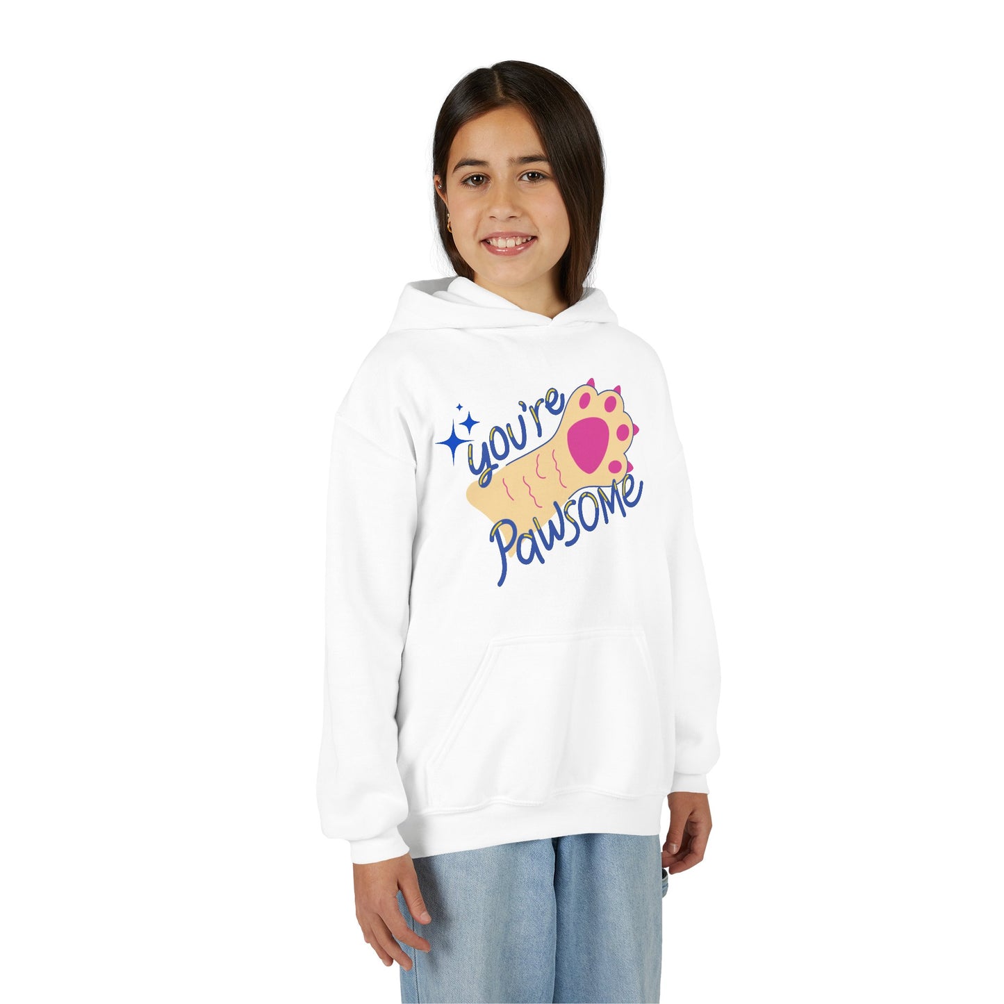 Girl wearing a white hoodie with paw print and sparkling text 'You're Pawsome'