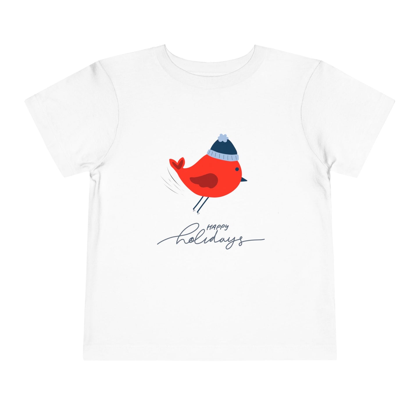 White toddler t-shirt with a red robin bird graphic wearing a winter hat and 'Happy Holidays' text on a white background