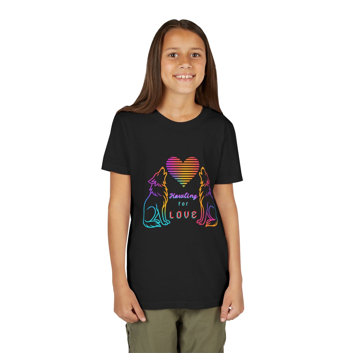 Girl wearing a black t-shirt with two rainbow wolves howling at a heart and text 'Howling For Love' 