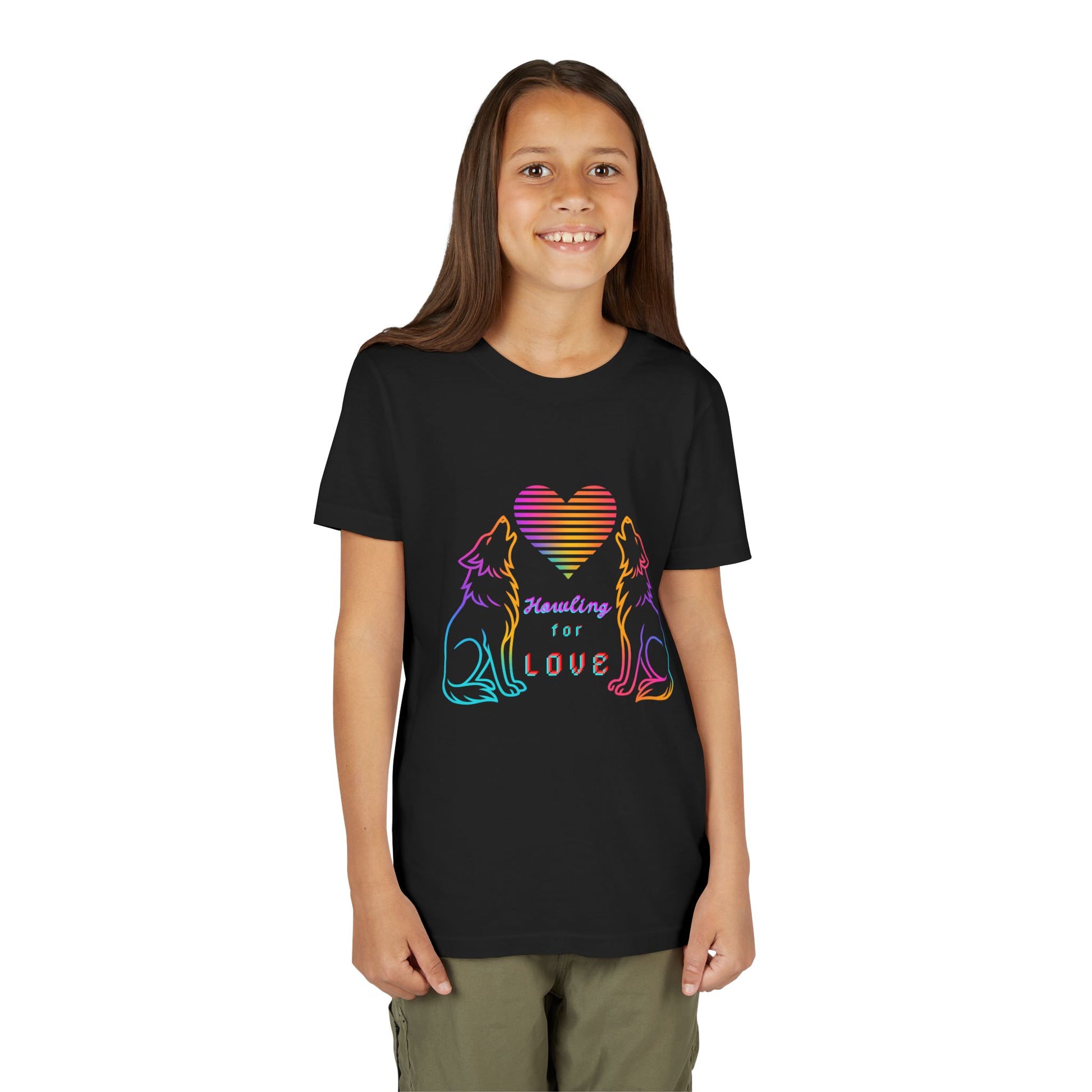 Girl wearing a black t-shirt with two rainbow wolves howling at a heart and text 'Howling For Love' 