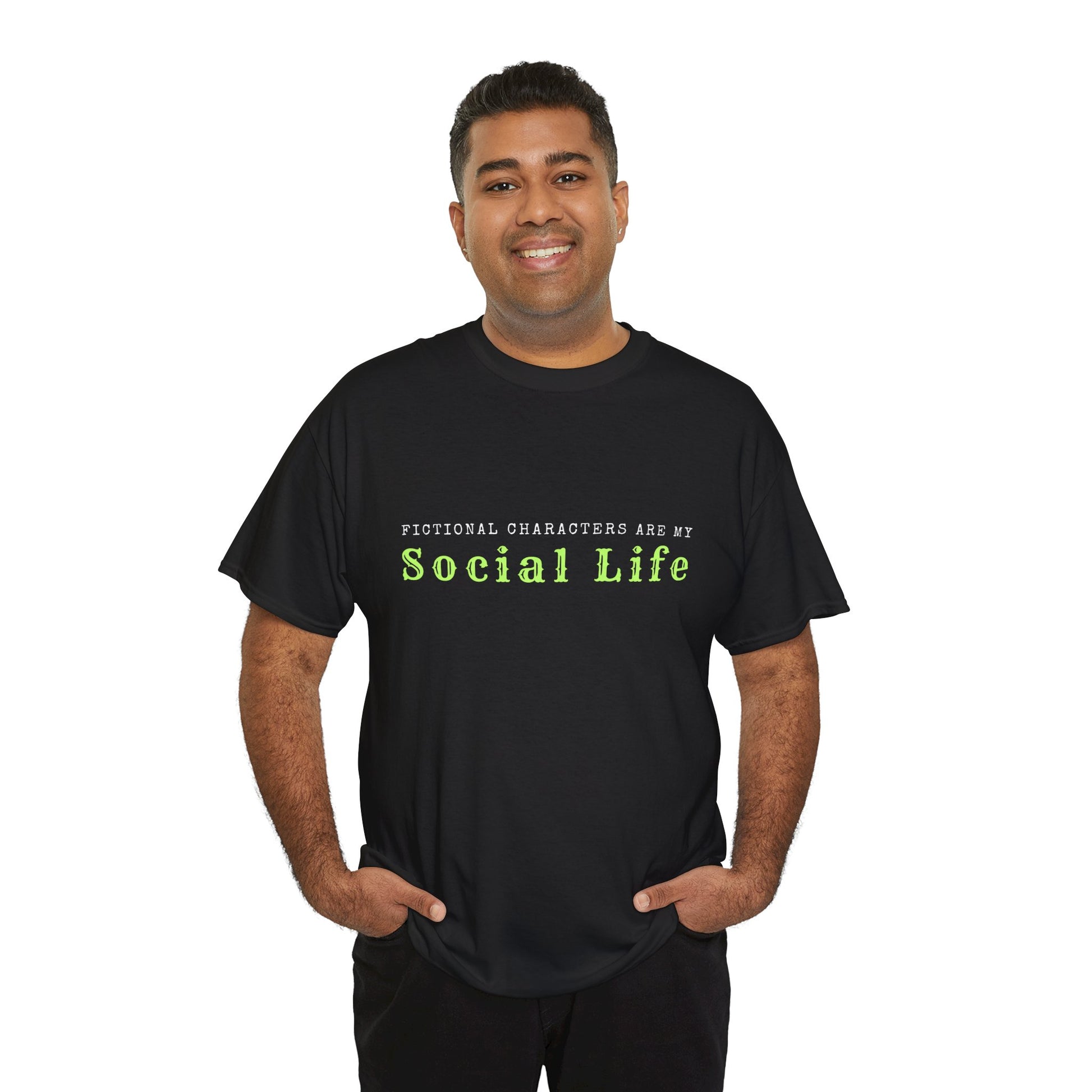 Man wearing a black t-shirt with text 'Fictional characters are my social life' 
