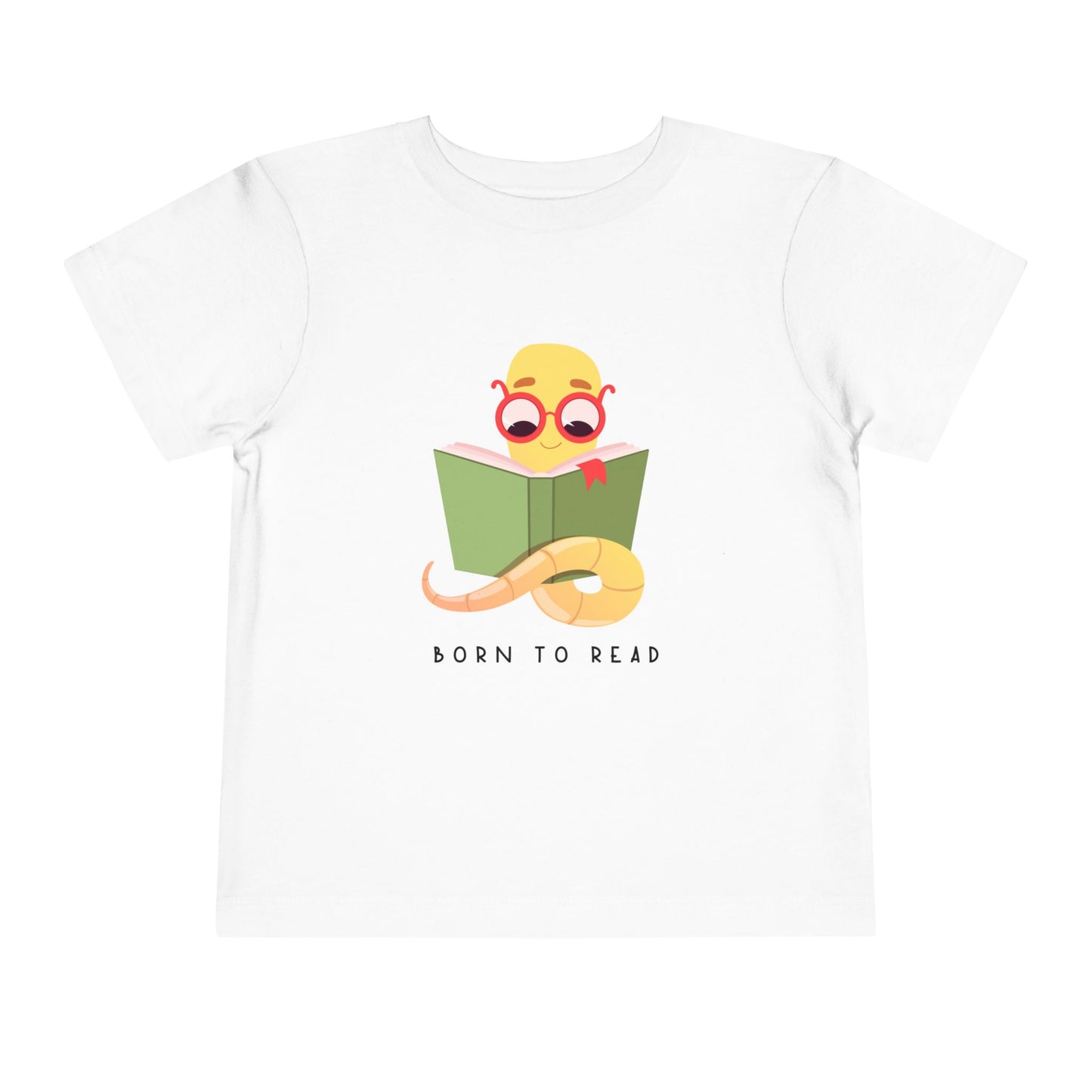 White toddler t-shirt with a book worm reading a book and 'Born to Read' text 