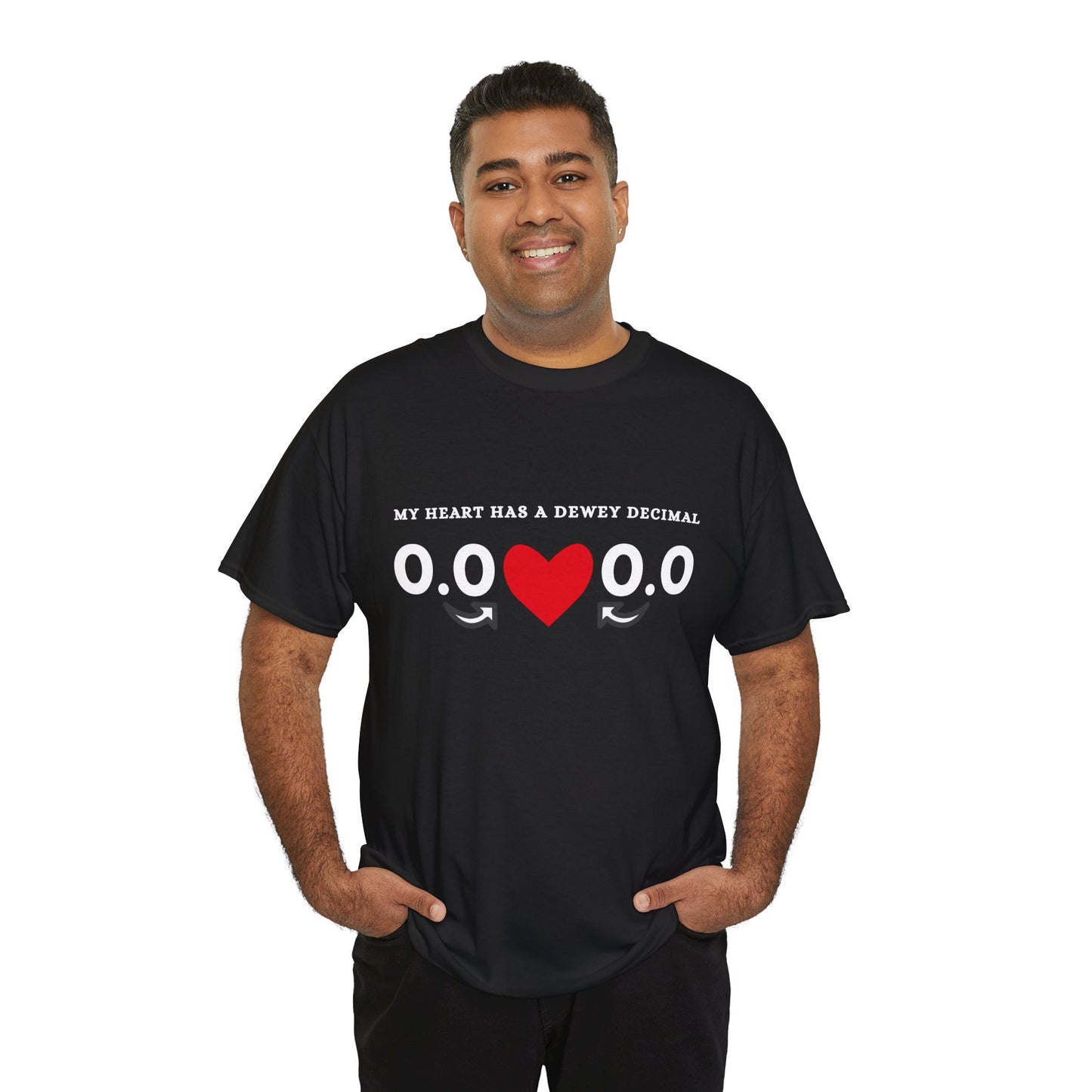 Man wearing a black t-shirt with a red heart, zeroes and decimals, text 'My Heart Has A Dewey Decimal' 