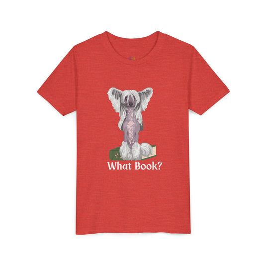 Red t-shirt with a graphic of a dog sitting on a book and text 'What Book?' 