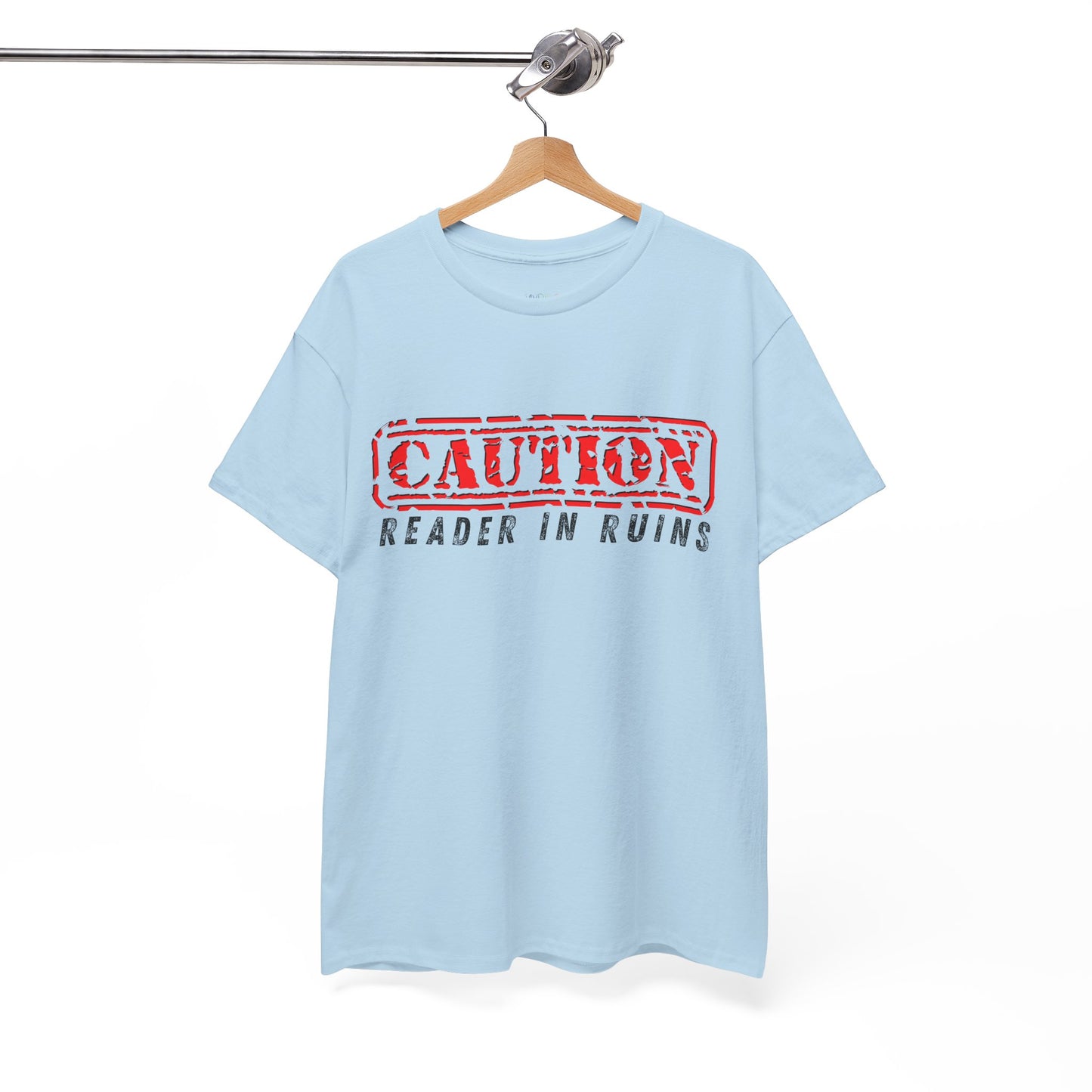 Teen/Adult Unisex Tee CAUTION Reader in Ruins (Red Caution)
