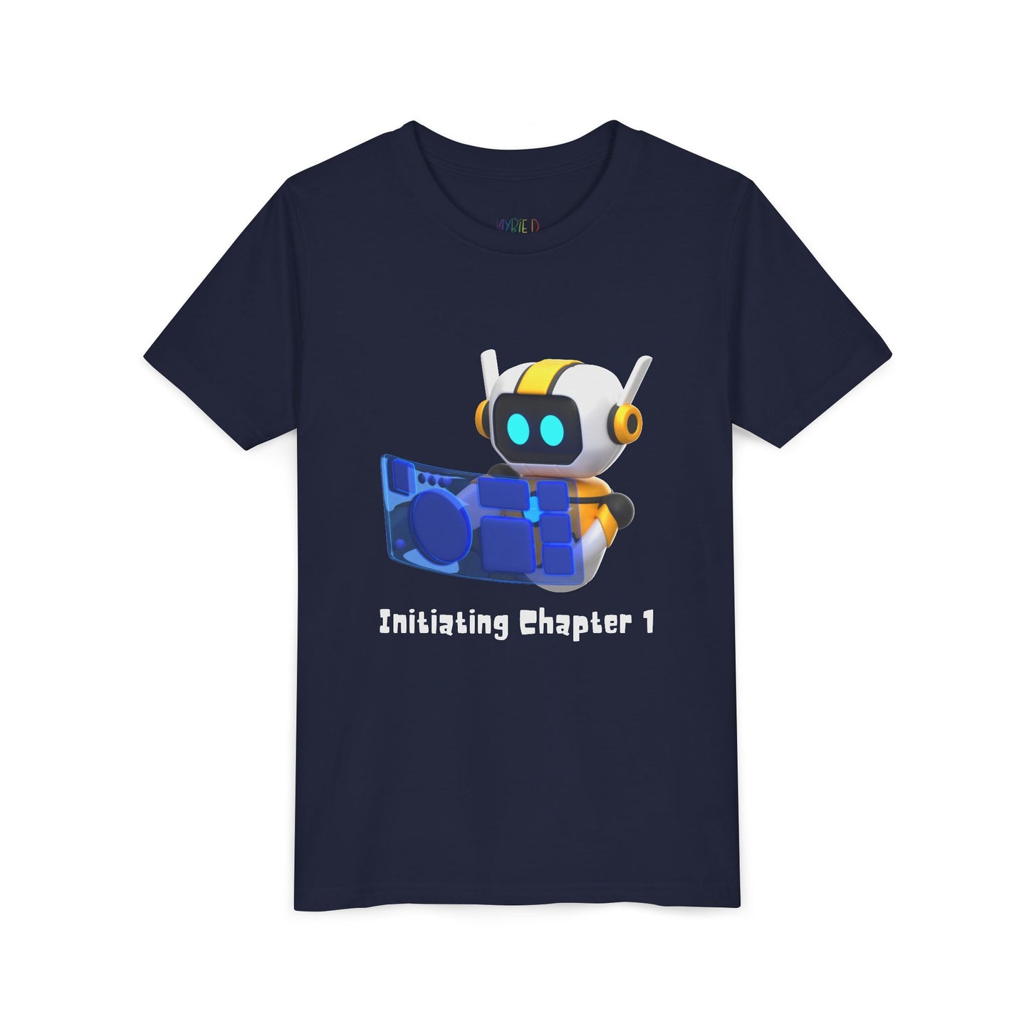 Navy blue t-shirt with a robot graphic, computer and text 'initiating chapter 1'