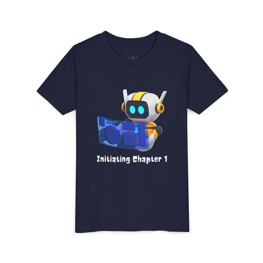 Navy blue t-shirt with a robot graphic, computer and text 'initiating chapter 1'