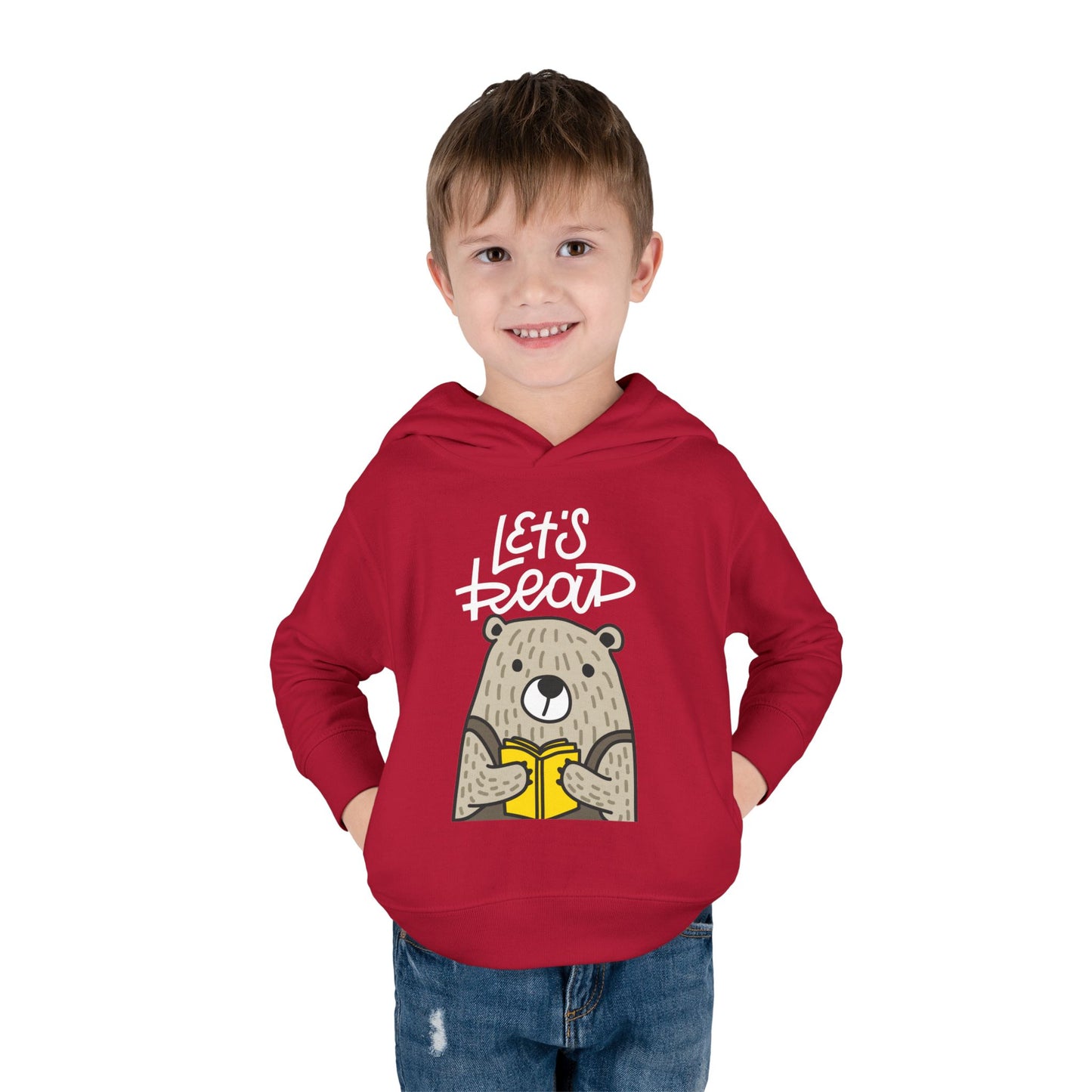 Boy wearing a red toddler hoodie with bear graphic reading a book and 'Let's Read' text 