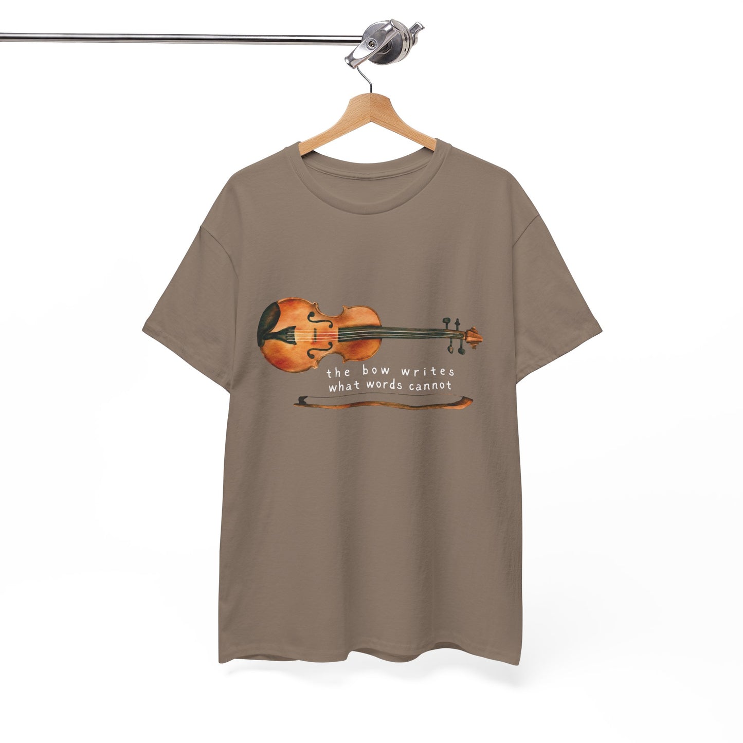 Light brown t-shirt with a violin graphic and text 'the bow writes what words cannot'