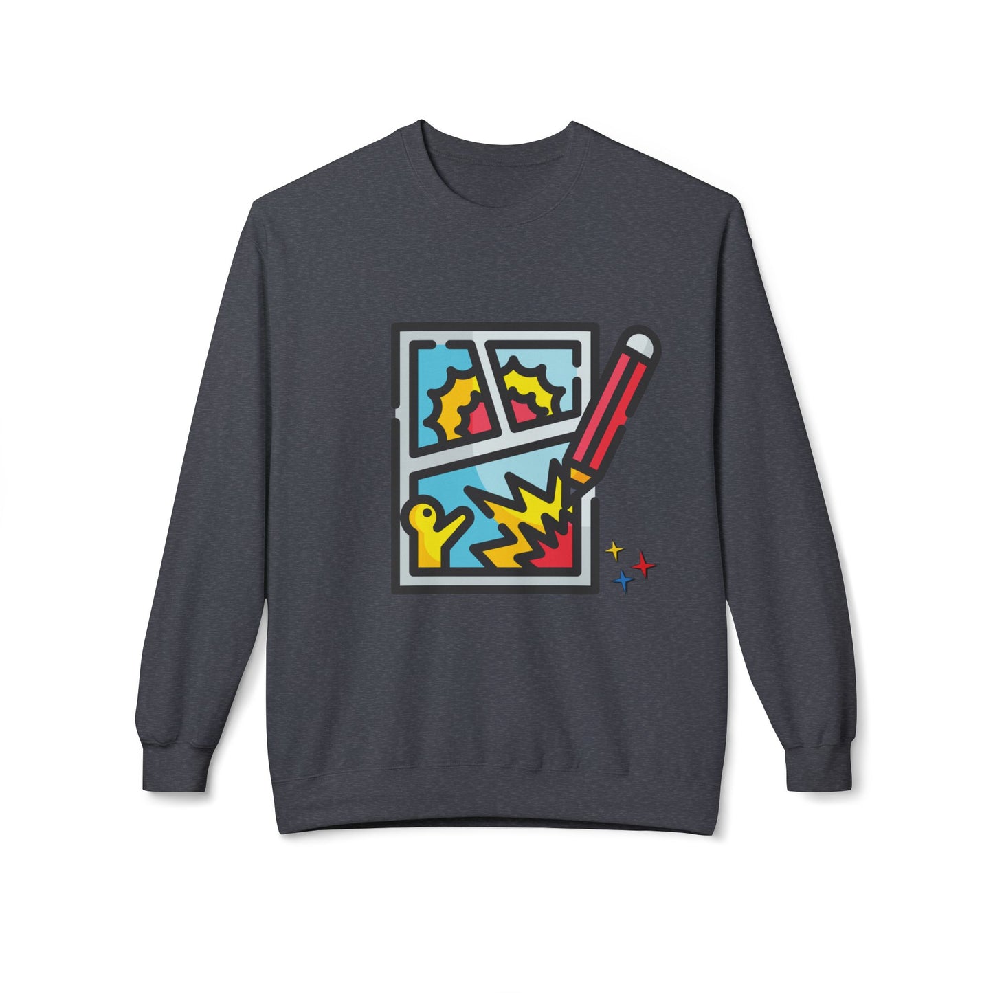 Gray sweatshirt with colorful comic graphic 