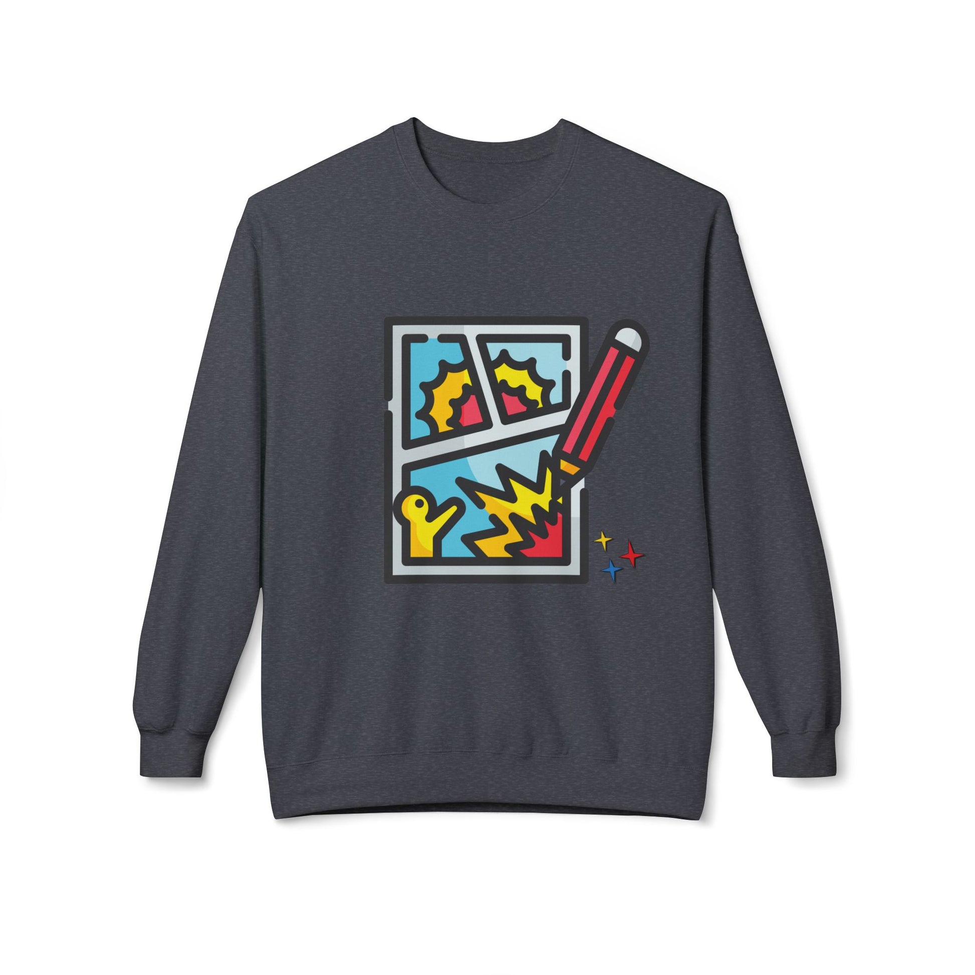 Gray sweatshirt with colorful comic graphic 