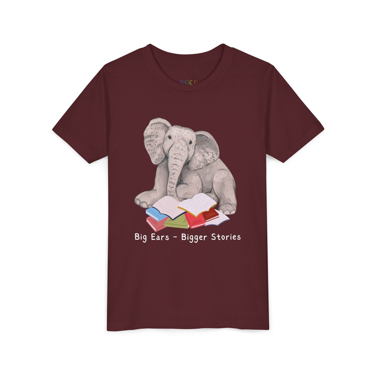 Youth Big Ears – Bigger Stories Tee – Elephant Reading Shirt for Thoughtful Little Listeners