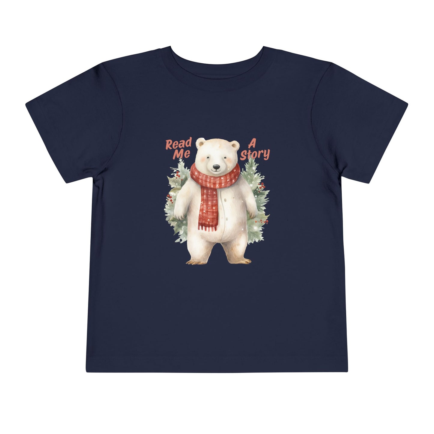Navy blue toddler t-shirt with a polar bear wearing a scarf, surrounded by trees and text 'Read Me A Story' on a white background