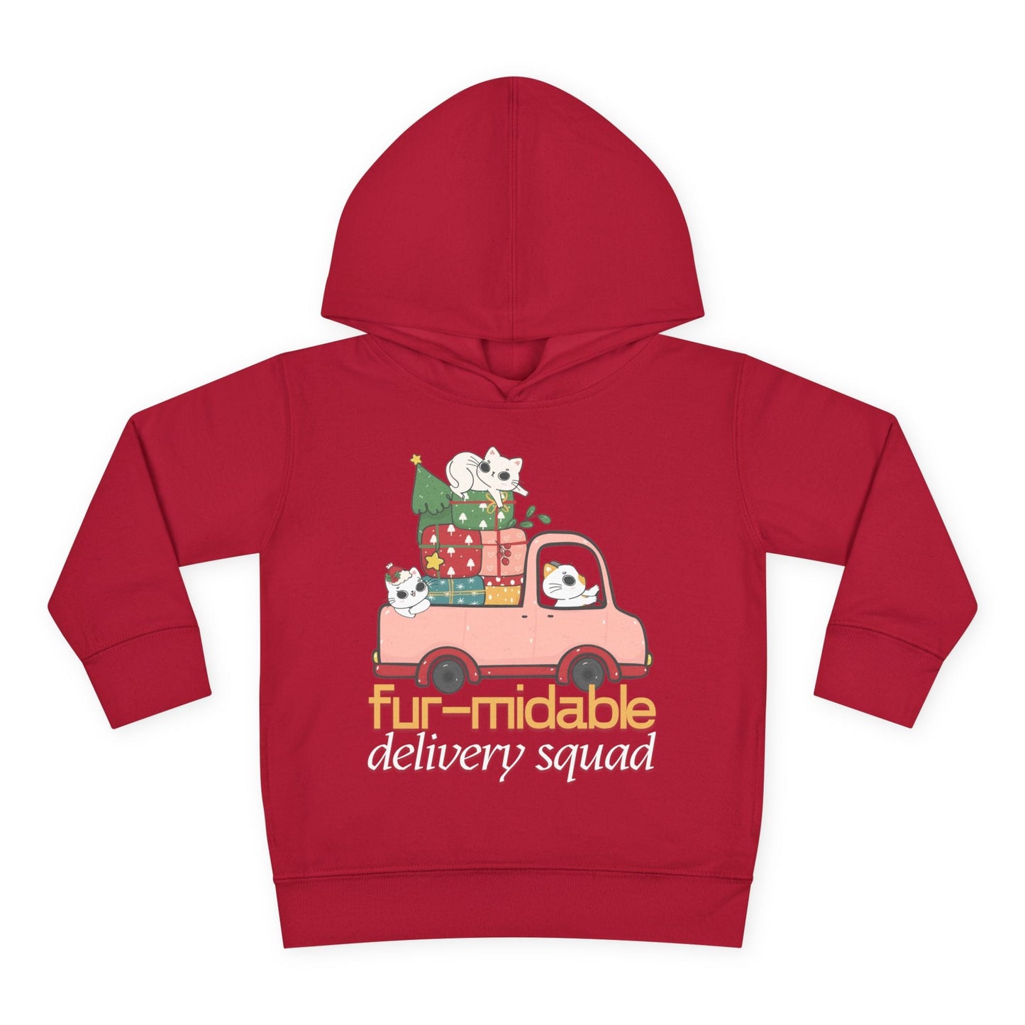 Red toddler hoodie with a festive design of cats driving a truck full of Christmas presents and text 'fur-midable delivery squad'