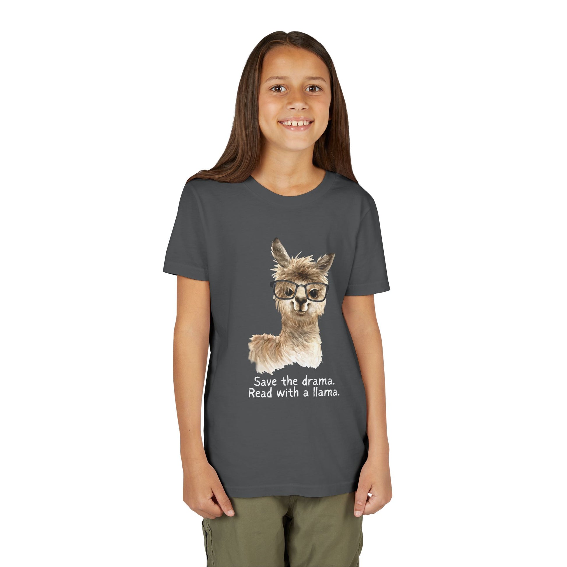 Girl wearing a gray t-shirt with an eyeglass wearing llama and text 'Save the drama. Read with a llama.'