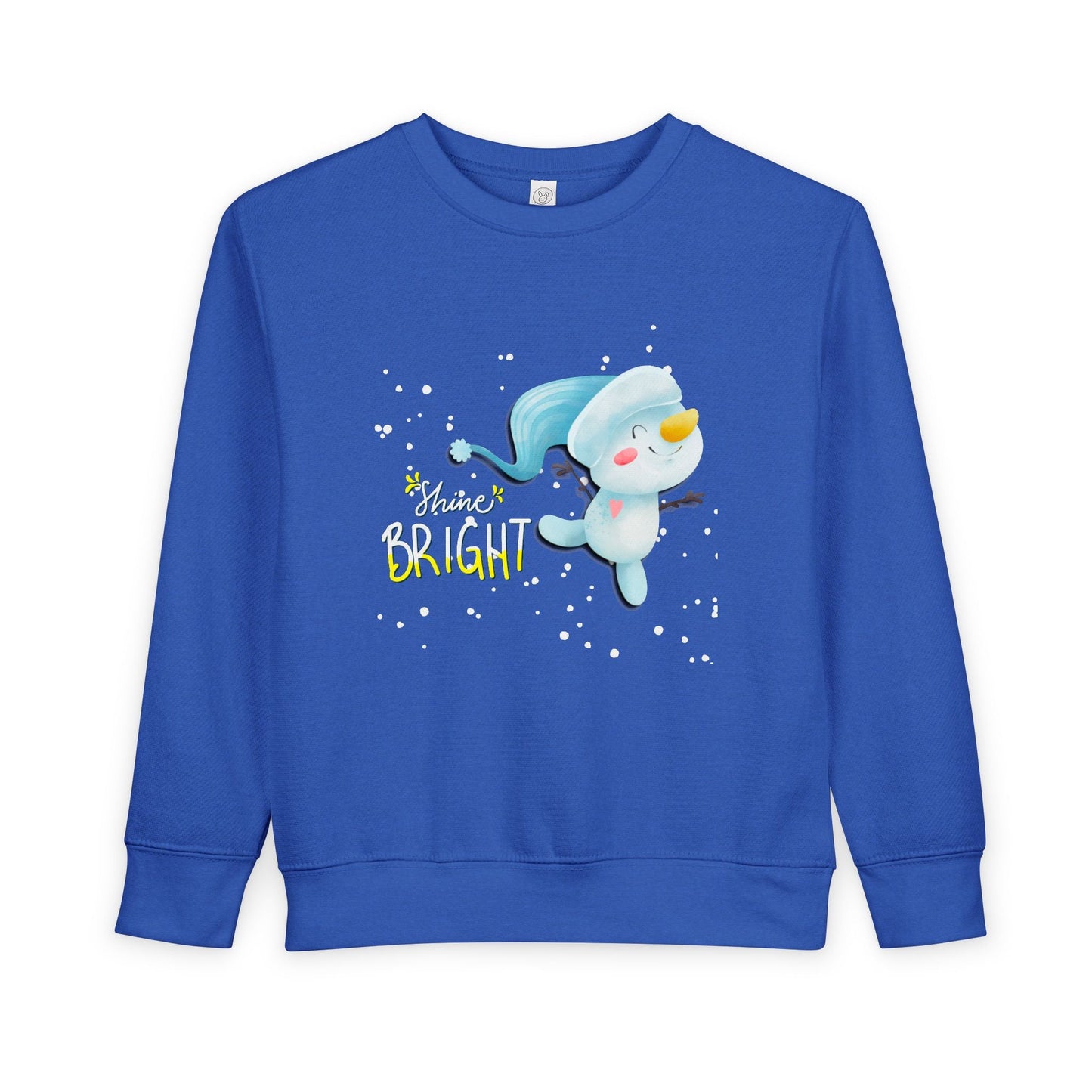 Blue toddler sweatshirt with a cartoon snowman dancing through the snow and 'Shine Bright' text on a white background