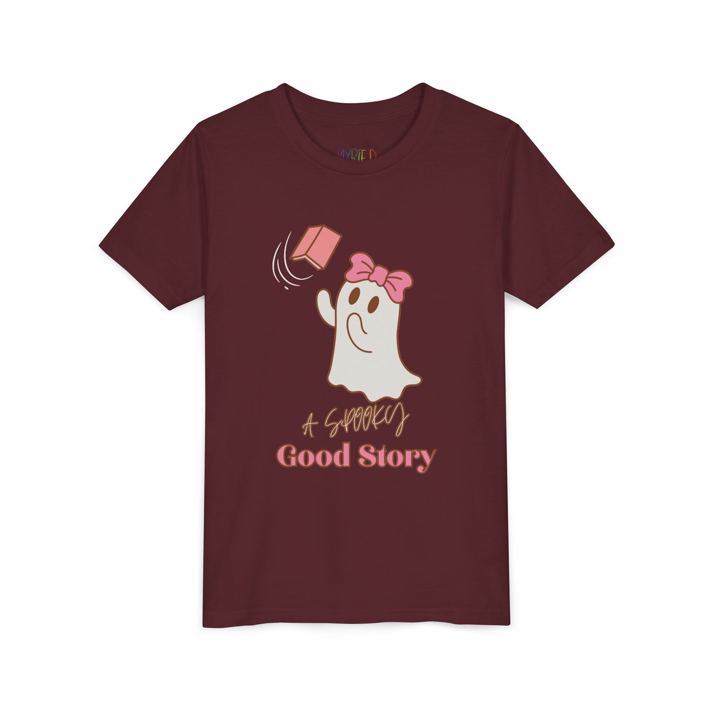 Maroon t-shirt with ghost trying to catch a haunted book and text 'A Spooky Good Story'